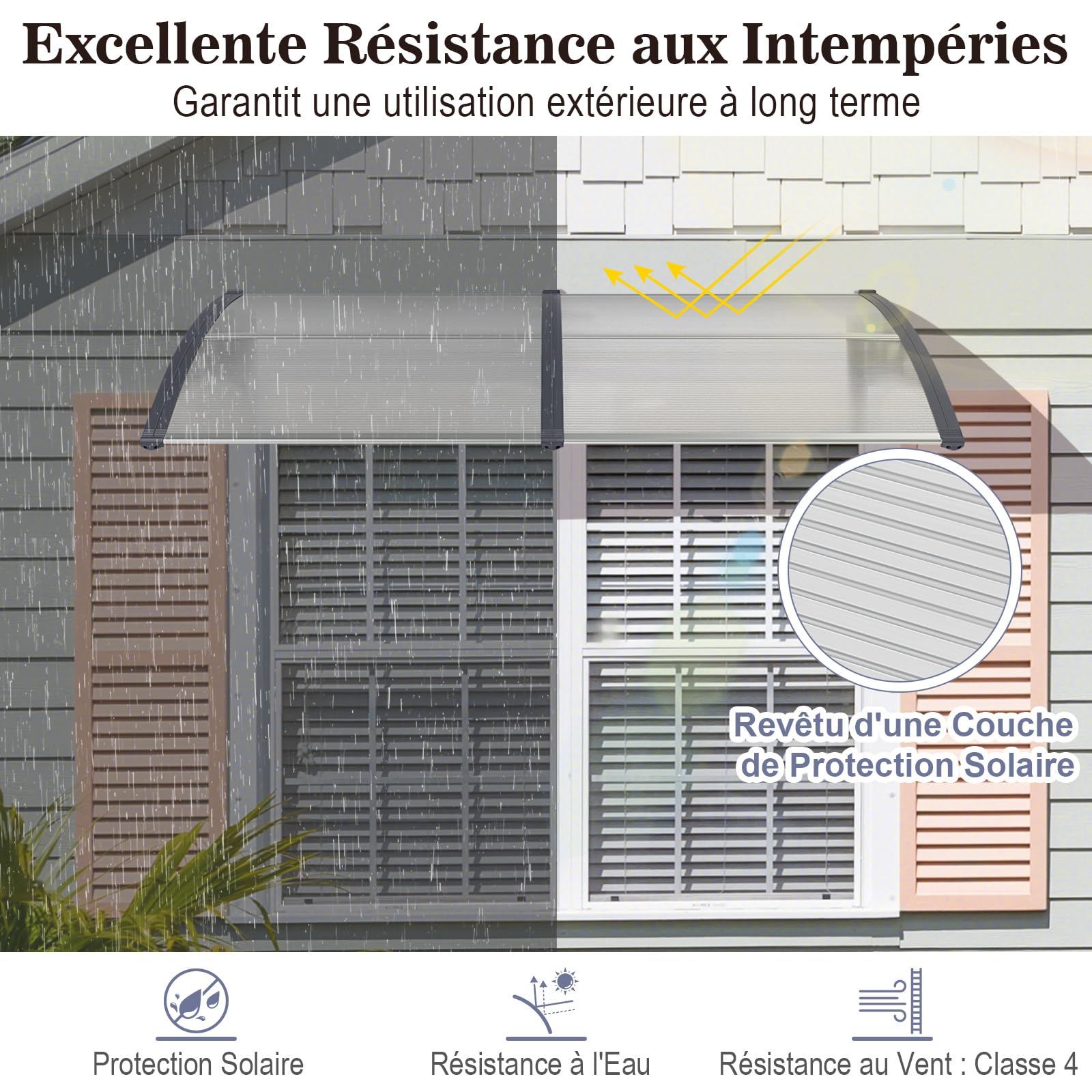 RELAX4LIFE Marquise de Porte Exterieur 200x100 CM, Auvent Porte d’Entrée en Polycarbonate, Protection Contre Pluie et UV, Auvent Marquise Aluminium pour Terrasse (200 x 100 cm,PC Transparent/Gris)