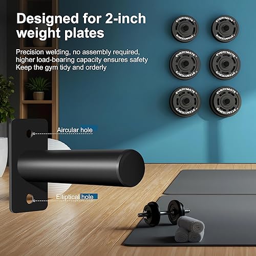 Miniatura 8 de EVERYMATE Weight Plate Rack, Wall Mount Weight Plate Holder for Bumper Plates, Max Weight Capacity 330 lb, Home Gym Organizer