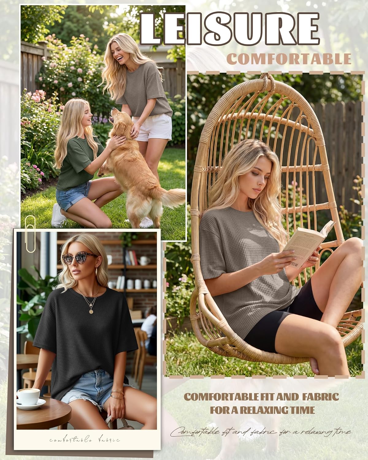 Oakgarden 3 Pack Women's Oversized Waffle T-Shirts, Half Sleeve Crewneck Loose Fit Workout Tops Casual Baggy Tee Gym Summer