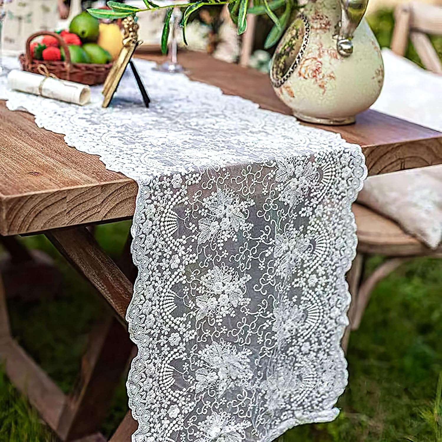 White Lace Table Runner 48 inchesFloral Embroidered Lace