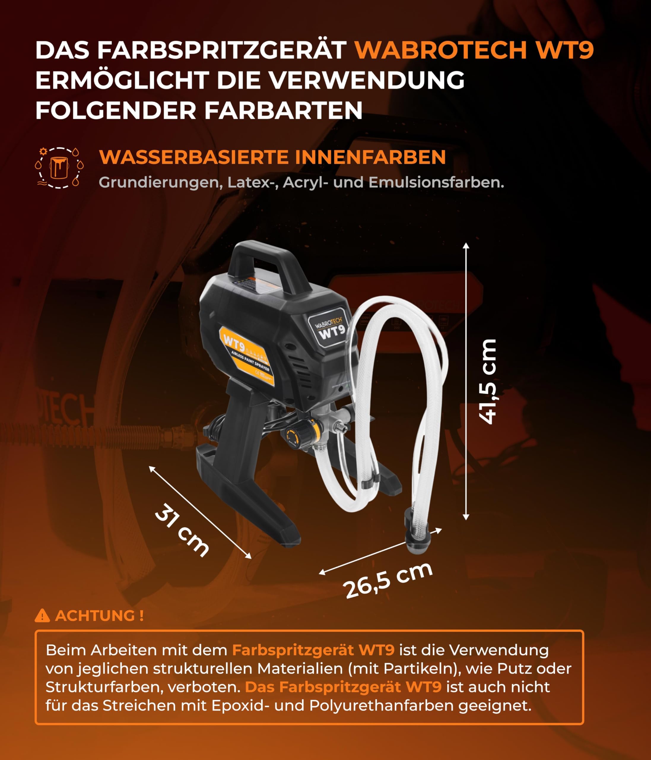 WT9 Farbsprühsystem Wandfarbe 700 W - 200 Bar Hochdruck Airless Farbsprühgerät - Airless Spritzgerät 1,5 L/min - Farbspritzgerät 10000 m2/J - Lackierpistole mit Schlauch 7,5 m - 1/4"