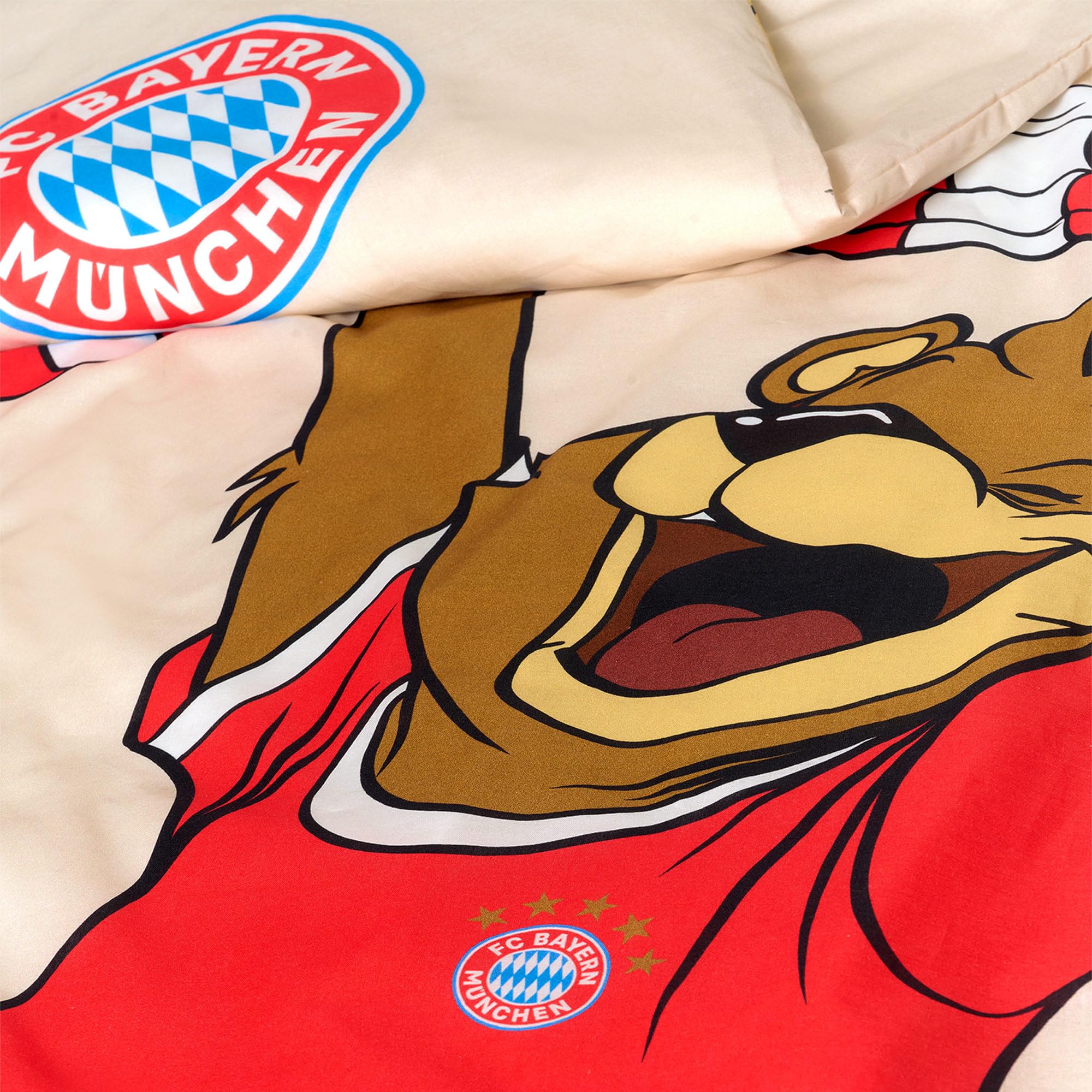 FC Bayern München Bettwäsche Berni Maskottchen 135 x 200 cm + 80 x 80 cm 100% Baumwolle Renforcé-Linon-Qualität Mia San Mia Alianz Arena Fußball FCB deutsche Größe mit Reißverschluss