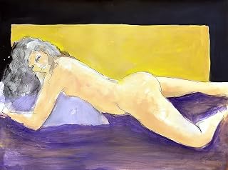Female Nude large expressionist mixed media drawing. Expressive nude woman on a bed
