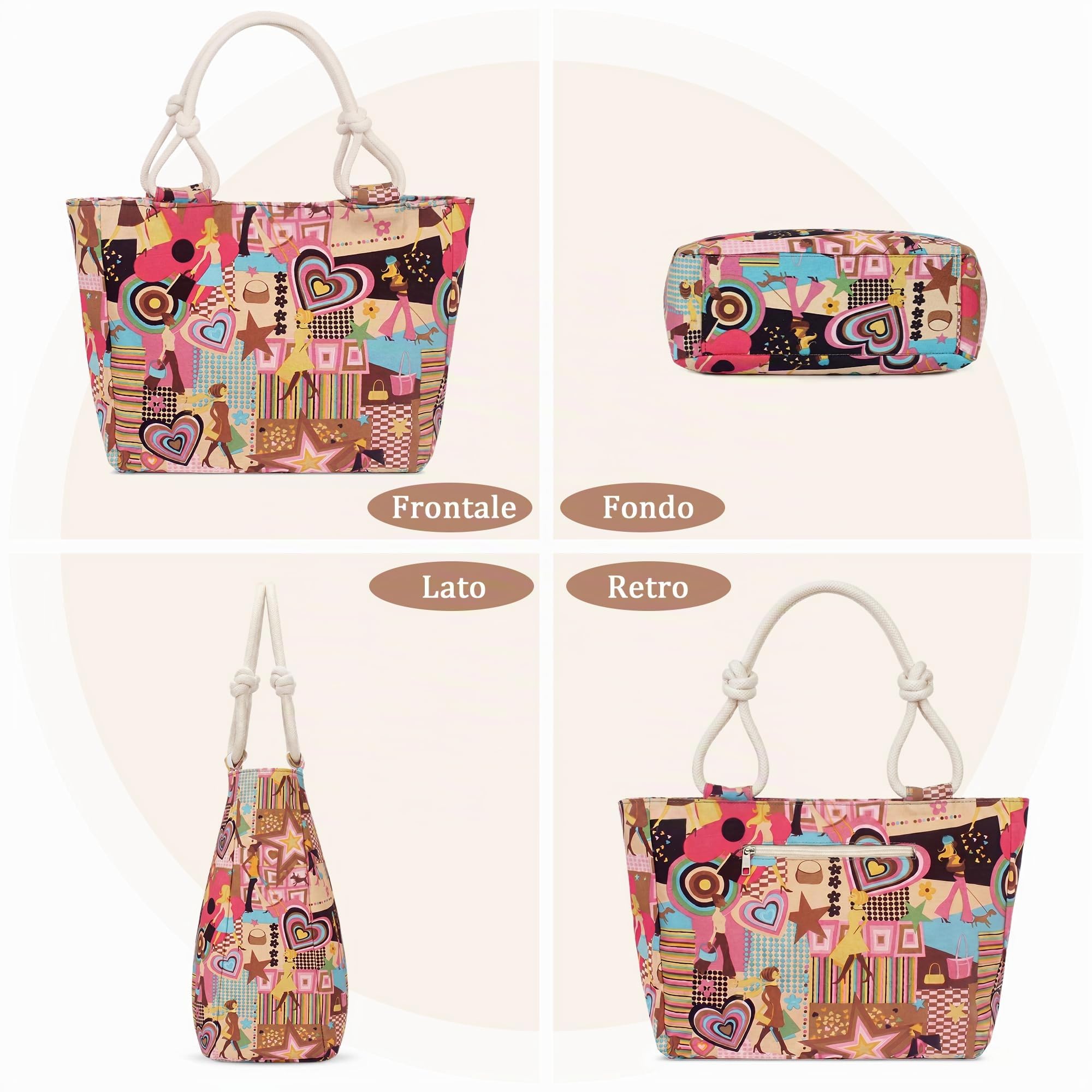 Borsa Donna Grande in Tela Shopper Grafica Collage Borsa a Spalla