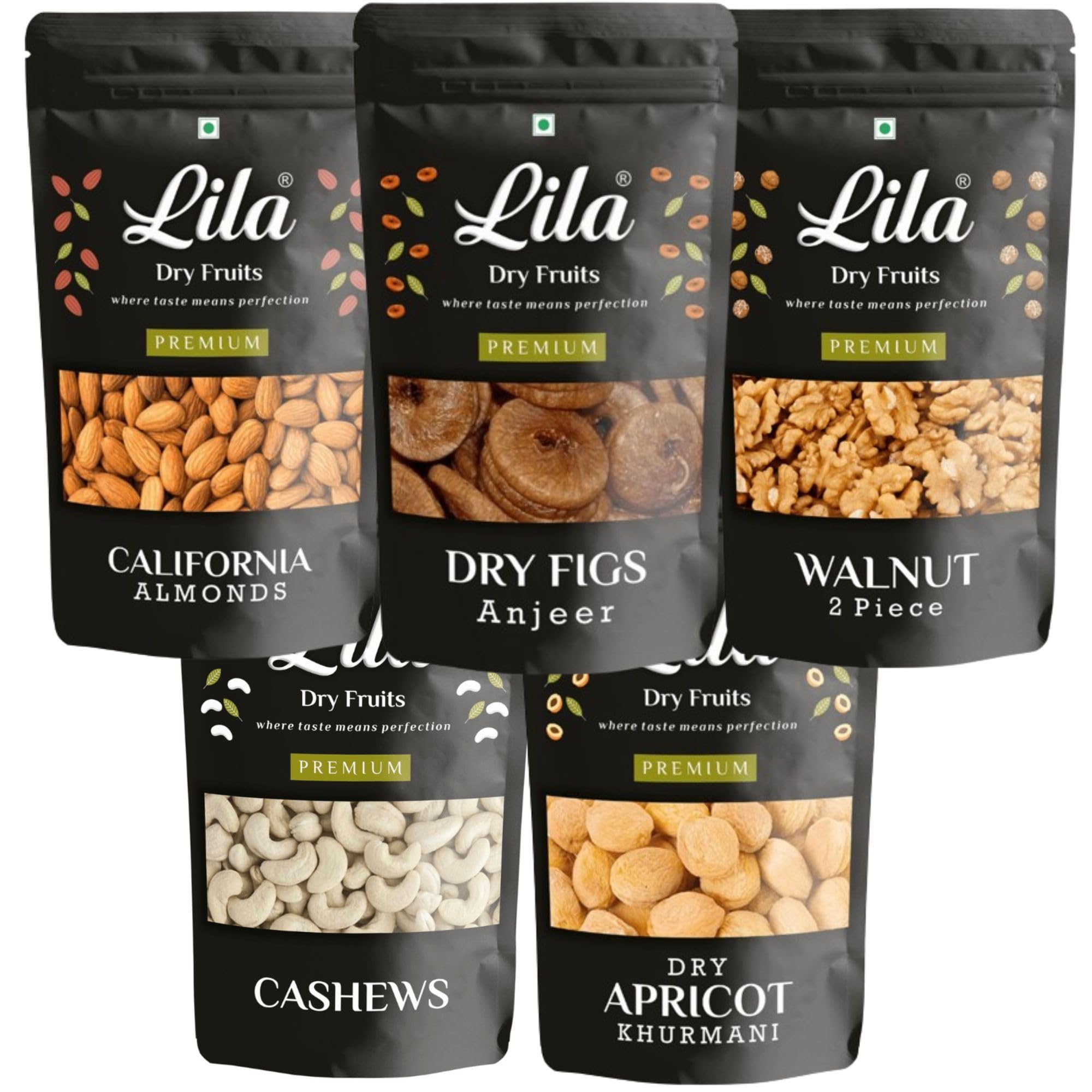 LDF LILA DRY FRUITS Daily Needs Dry Fruits Combo Pack 1Kg | Mixes of American Almonds, California Walnuts, Afghani Anjeer, Cashews, Dried Apricot (200g Each) | Perfect for Diwali Gifting