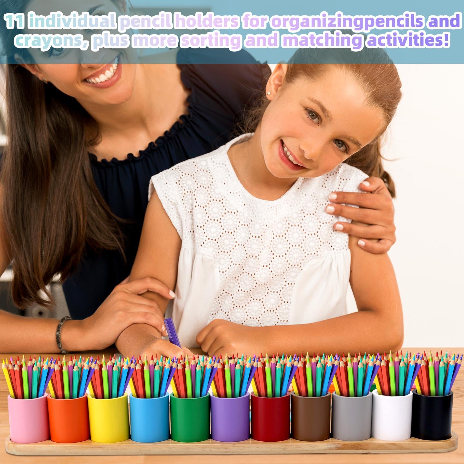 Pot à Crayons de Couleur en Bois, Pot à Crayons Pots Crayon de Couleur en Bois avec 11 Compartiments Amovibles Pots Crayon pour Bureau d'Enfants Fournitures Scolaires Domicile