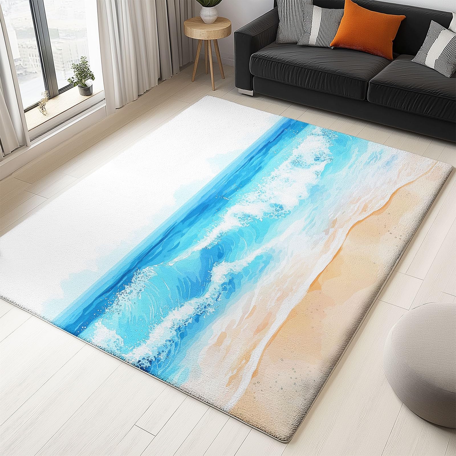 Nowoczesny, naturalny dywan 160 x 230 cm, podwójny, antypoślizgowy dywan podłogowy z narożnymi taśmami, plaża, fale morskie, piasek, zmywalny i chłonny, niski runo, do przestronnego pokoju zabaw i