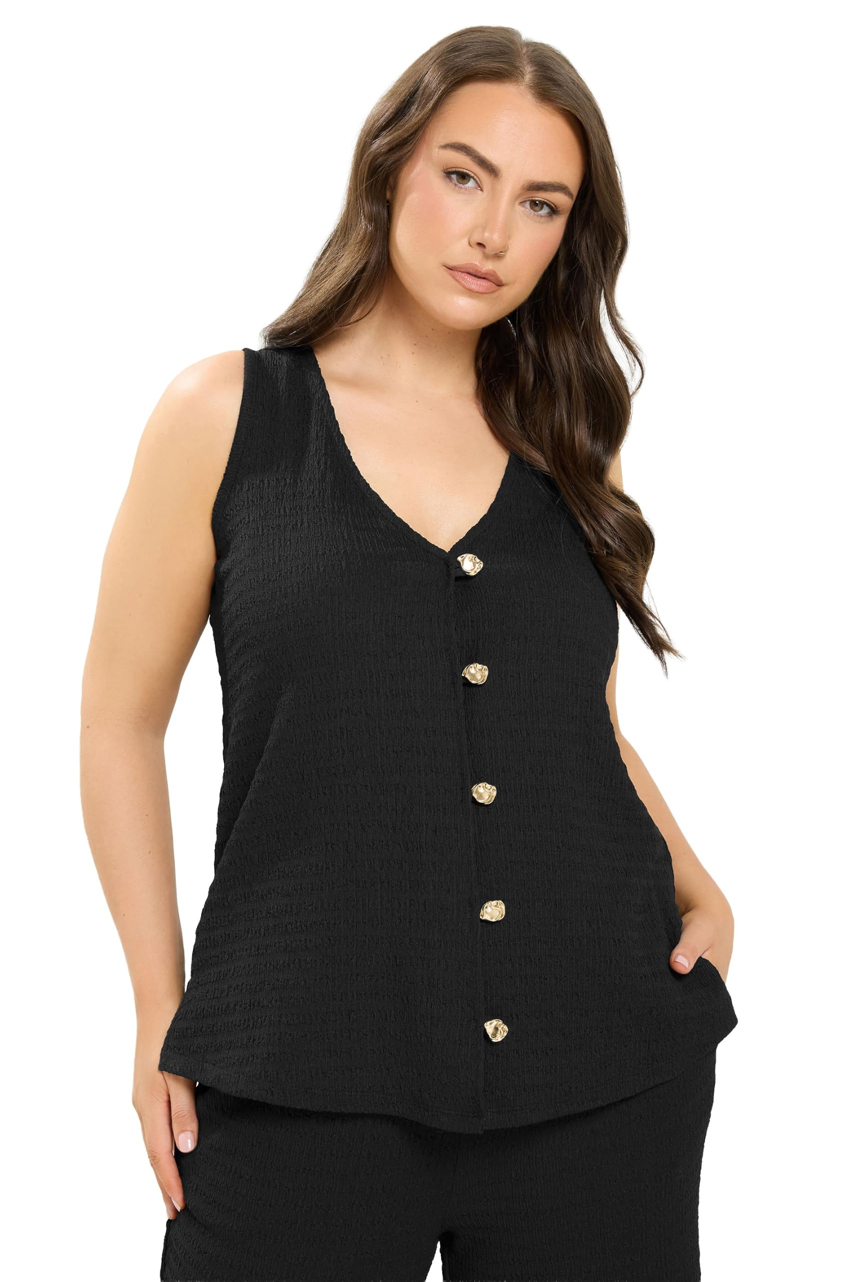 Yours Women's Textured Button Through Waistcoat in Black | Size: 20