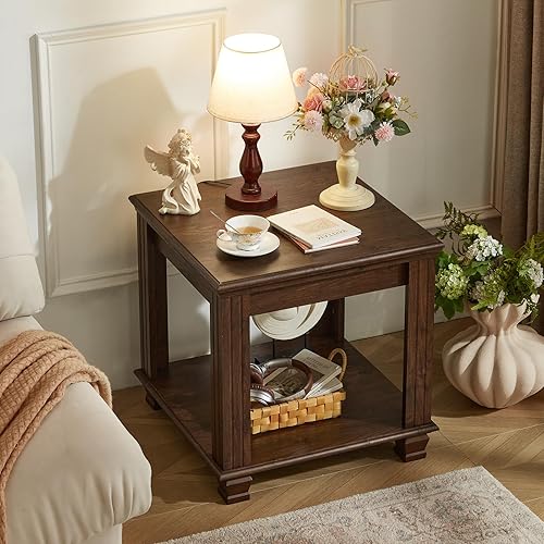 Mesa auxiliar de granja, mesa auxiliar grande con estante de almacenamiento de 2 niveles, mesas auxiliares color marrón rústico para sala de estar,