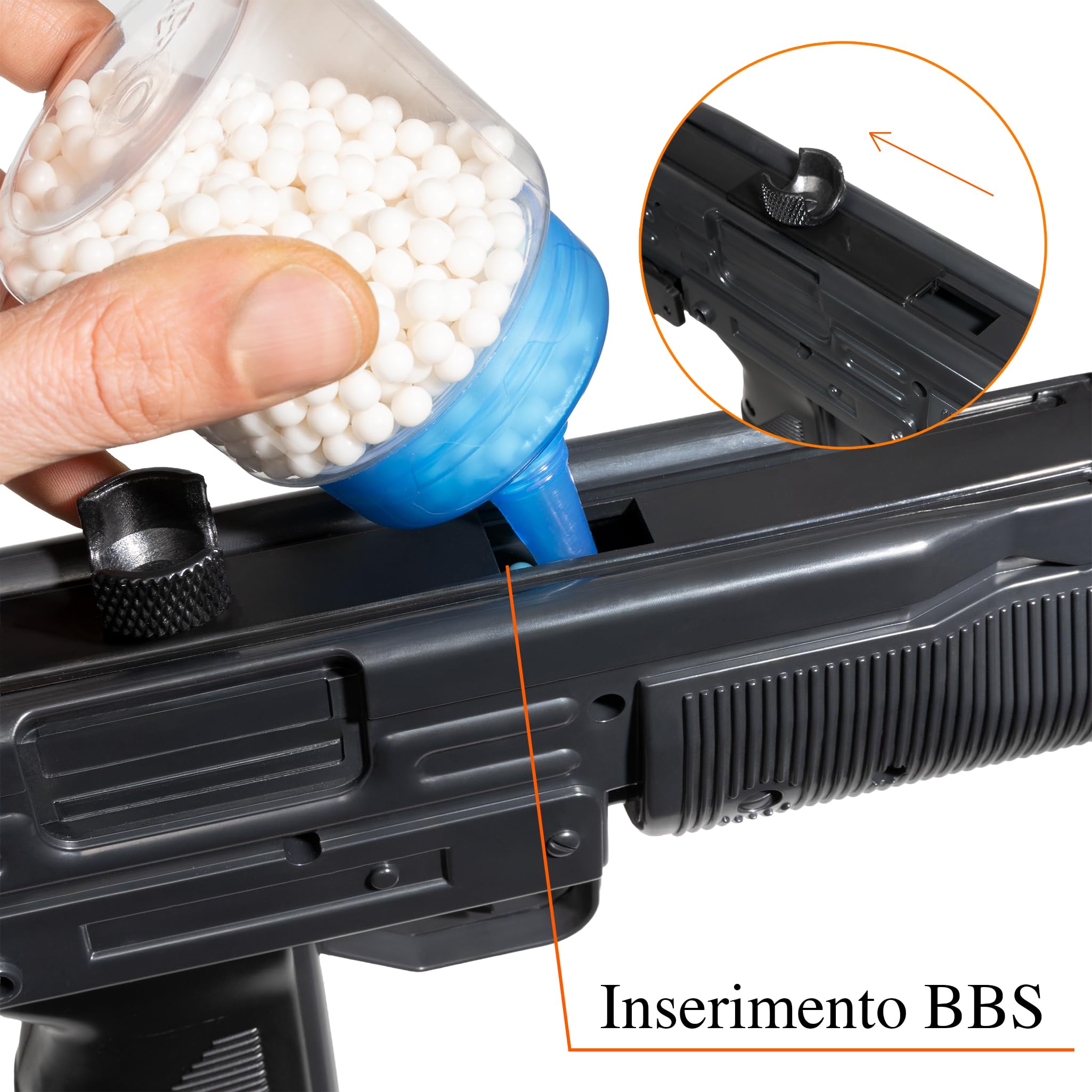 D91 Fucile elettrico Softair ABS Nero, POTENZA 0,9 JOULE, serbatoio superiore 200 pallini, calcio allungabile, Mini‑Tamiya, batteria Ni‑MH 7.2V 400mAh, caricabatterie, cinghia