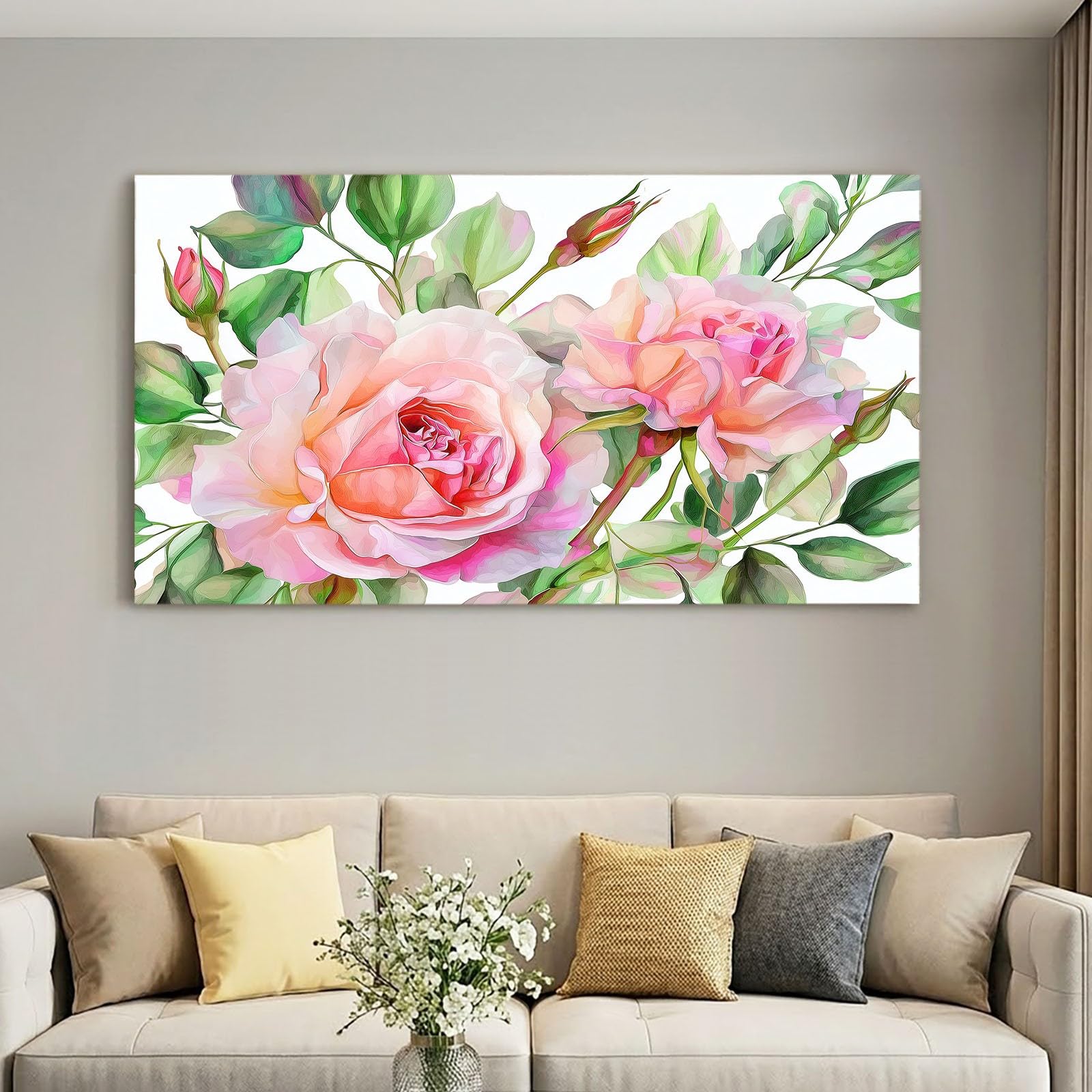 Genérico Impresión sobre lienzo Naturaleza Cuadro Decoracion Pared Pintura 120 x 80 cm Verde Floral Rosa Plantas Hojas - Carteles Arte para Salón, Dormitorio, Cocina, Oficina