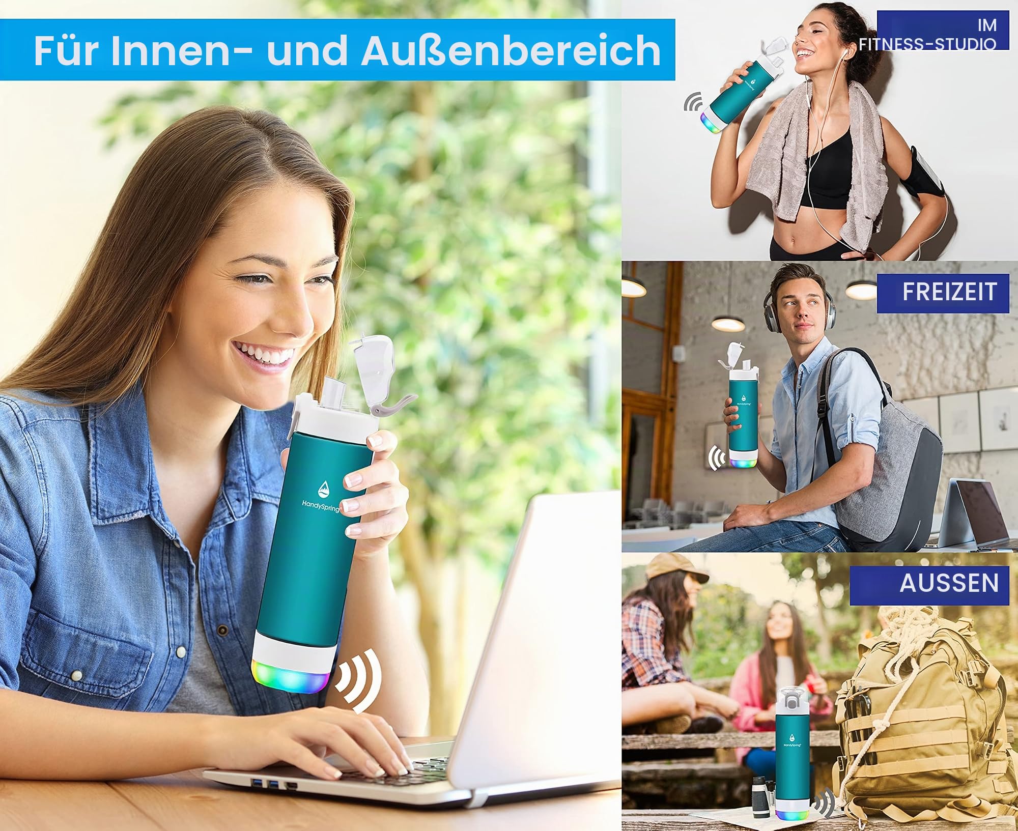 Intelligente Trinkflasche mit Trinkerinnerung, Licht und Geräuschen, Wasseraufnahme-Detektor, nachfüllbar, Tritan-Kunststoff, Trinköffnung, 760 ml