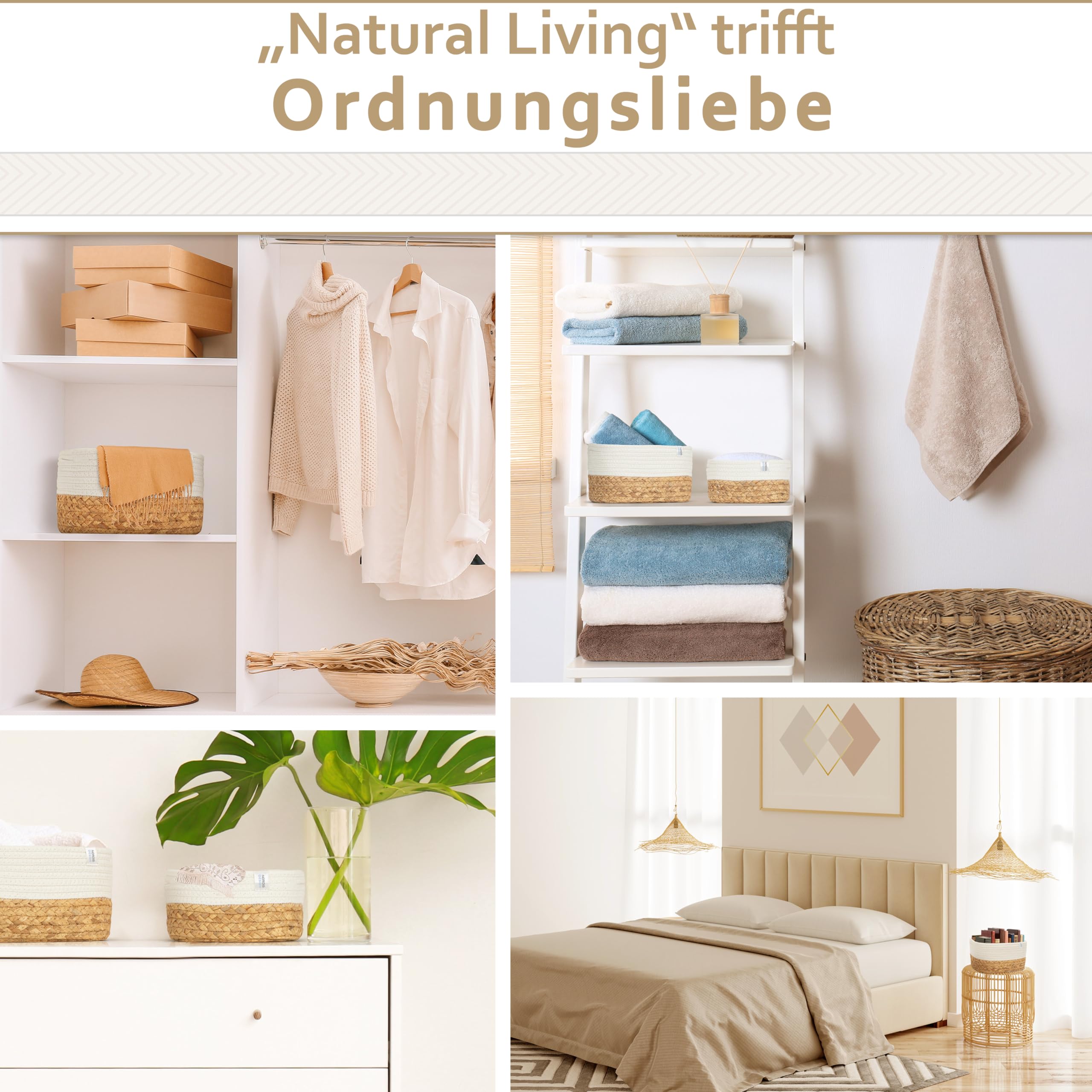 Aufbewahrungskörbe 3er Set aus Wasserhyazinthe und Baumwolle, Bad Aufbewahrungskorb geflochten als Badkorb zur Badezimmer Aufbewahrung & Bad Organisation creme-weiß