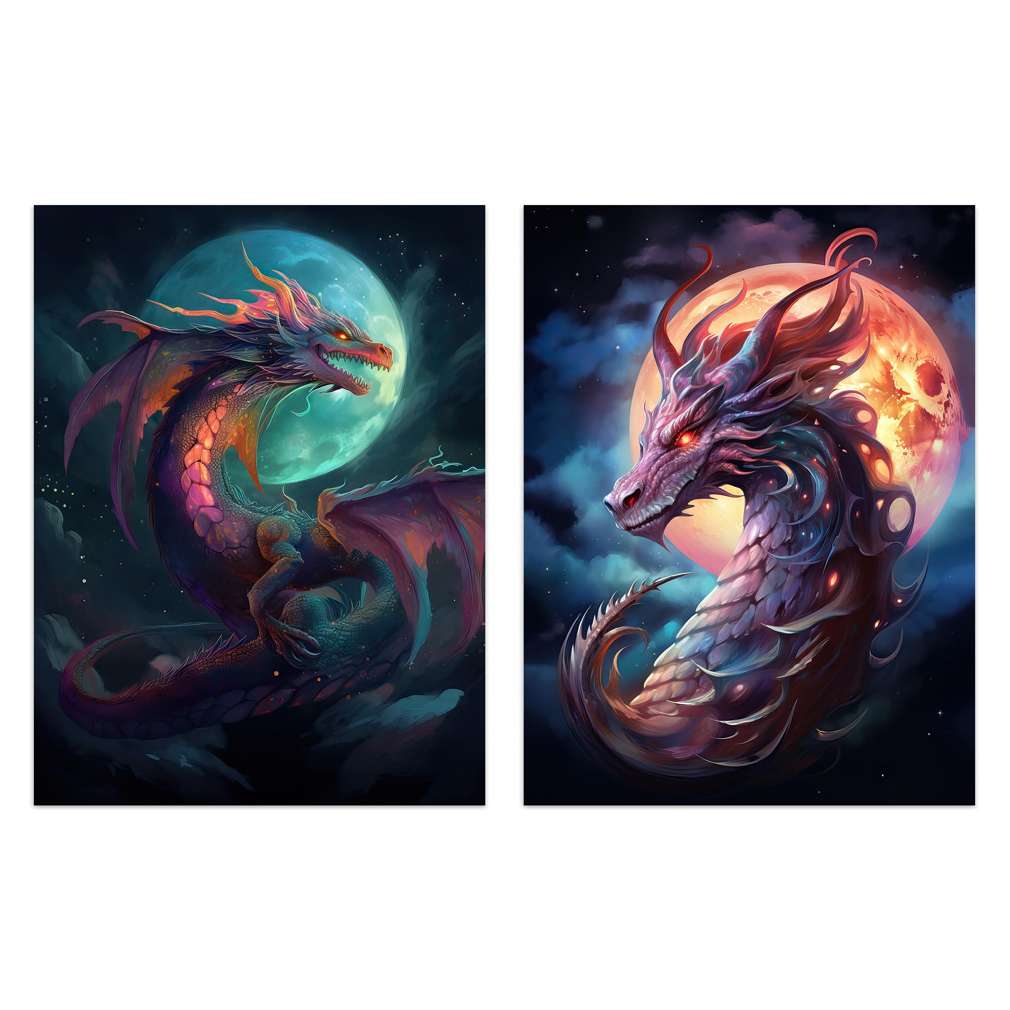 Set of 2 Prints Modern Mythical Dragon Full Moon Fantasy Serpent Pack of 2 A4 Poster Wall Art Prints