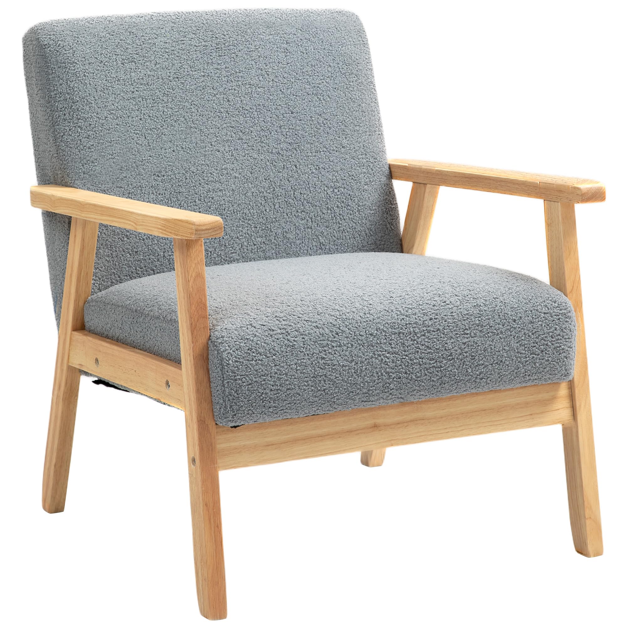 HOMCOM Modern Armchair, Sherpa Fleece Upholstered Accent Chair with Solid Wood Legs and Wide Seat, Padding Lounge Chair for Living Room Bedroom Office, Grey