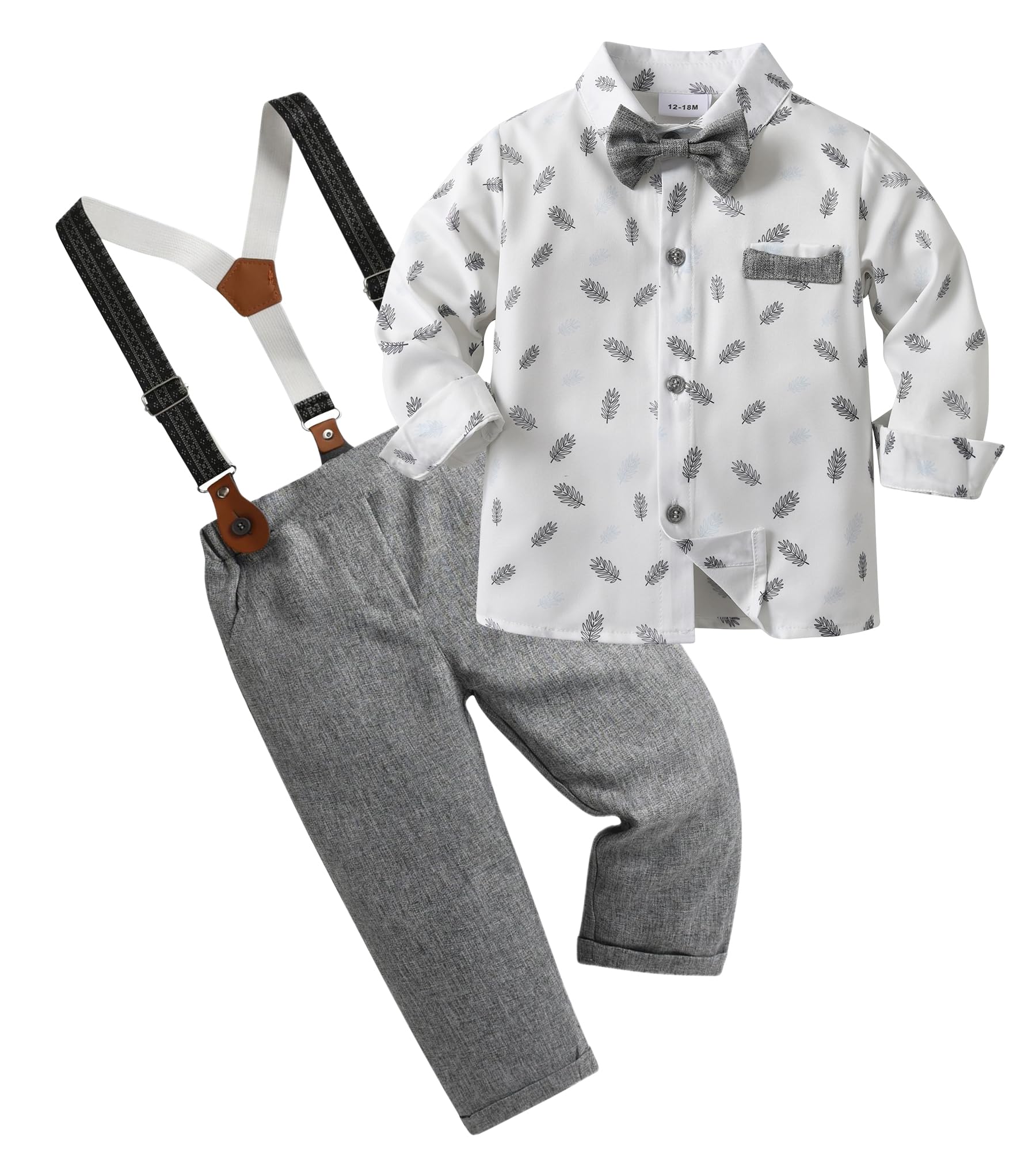 SEAUR Boys Formal Wear Toddler Boy Outfits Suits Kids Gentleman Wedding Clothes Dress Shirt Bowtie Detachable Suspender Pants 3 Piece Set 18-24 Months