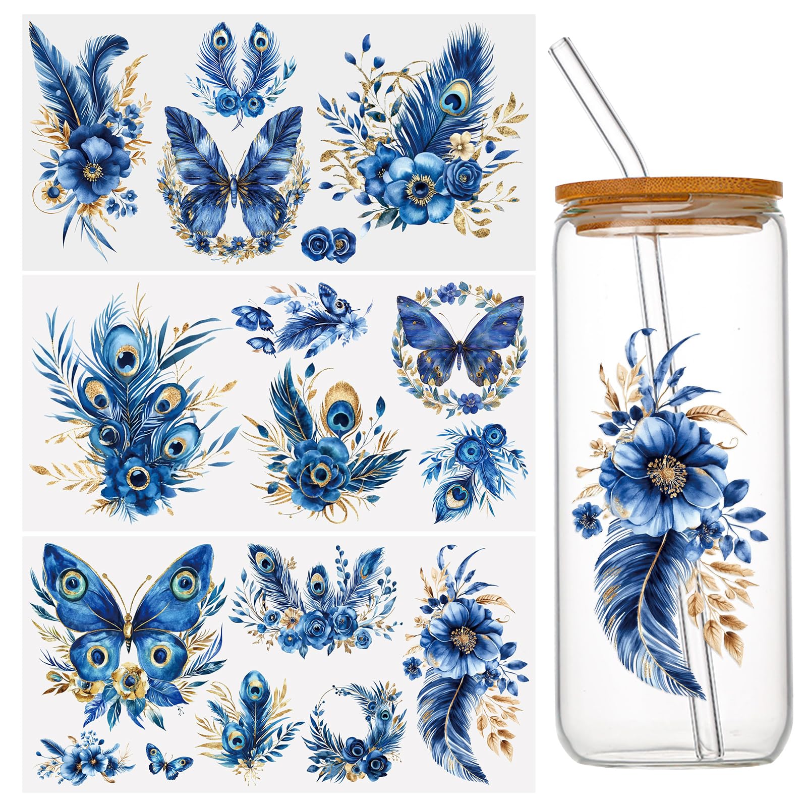 WANDIC 3 Sheets Peacock Feathers Scrapbook Stickers Butterfly Flowers Furniture Stickers Blue Gold Floral and Bird Window Decals UV Rub on Transfers for Crafts,15 * 30cm — image 1