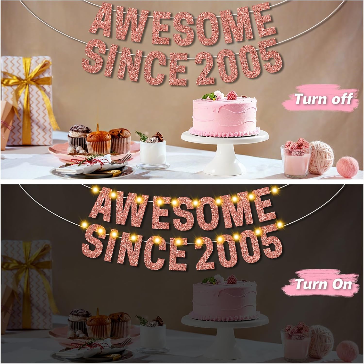 Happy 21st Birthday Party Decorations for Girls, Pre-Strung Rose Gold AWESOME SINCE 2005 Birthday Banner with 2pcs 3.2ft/1m Warm White LED Lights, 21 Years Old Bday Party Supplies Sign Favor