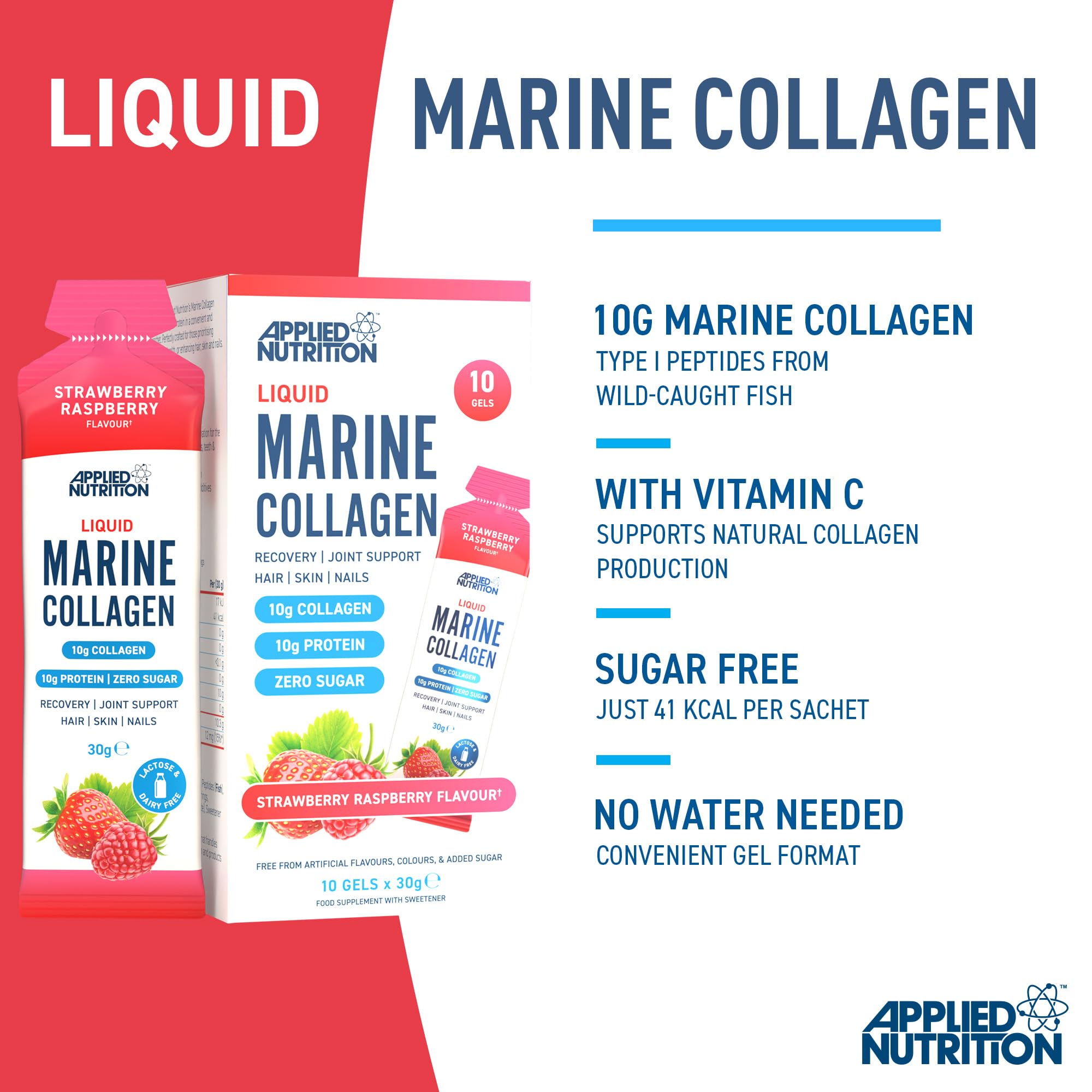 Applied Nutrition Gel Collagene Marino, Fragola, Lampone, 10 x 30g