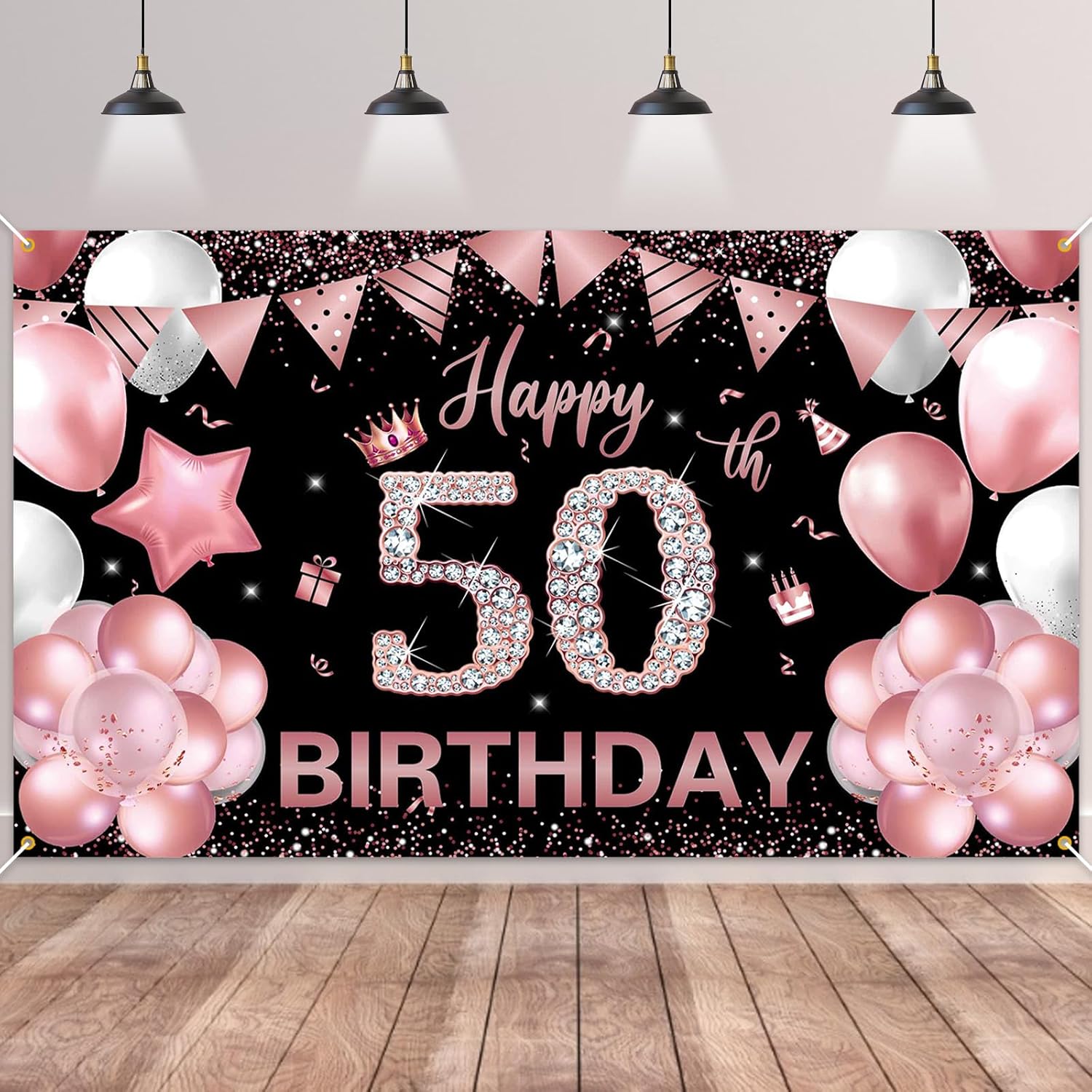 50.Geburtstag Banner Roségold Schwarz,BTZO 50.Geburtstagsbanner,Deko 50 Geburtstag Dekoration Banner Hintergrund für 50 Frauen und Männer Geburtstagsfeier Deko