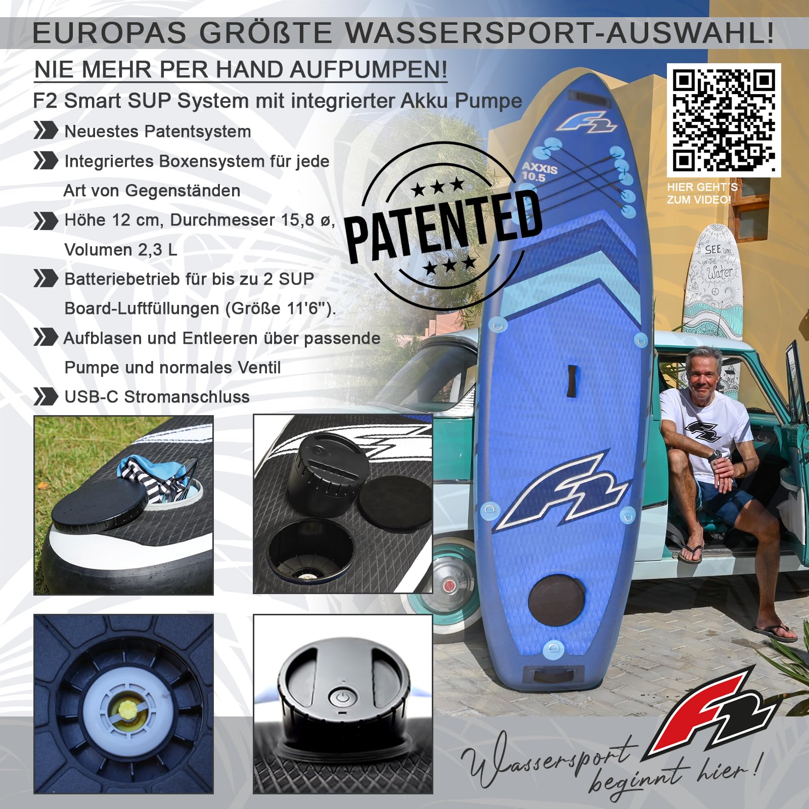 F2 Stand Up Paddle Board Sector SMART SUP mit E-Pumpe Größe wählbar Blau 2025