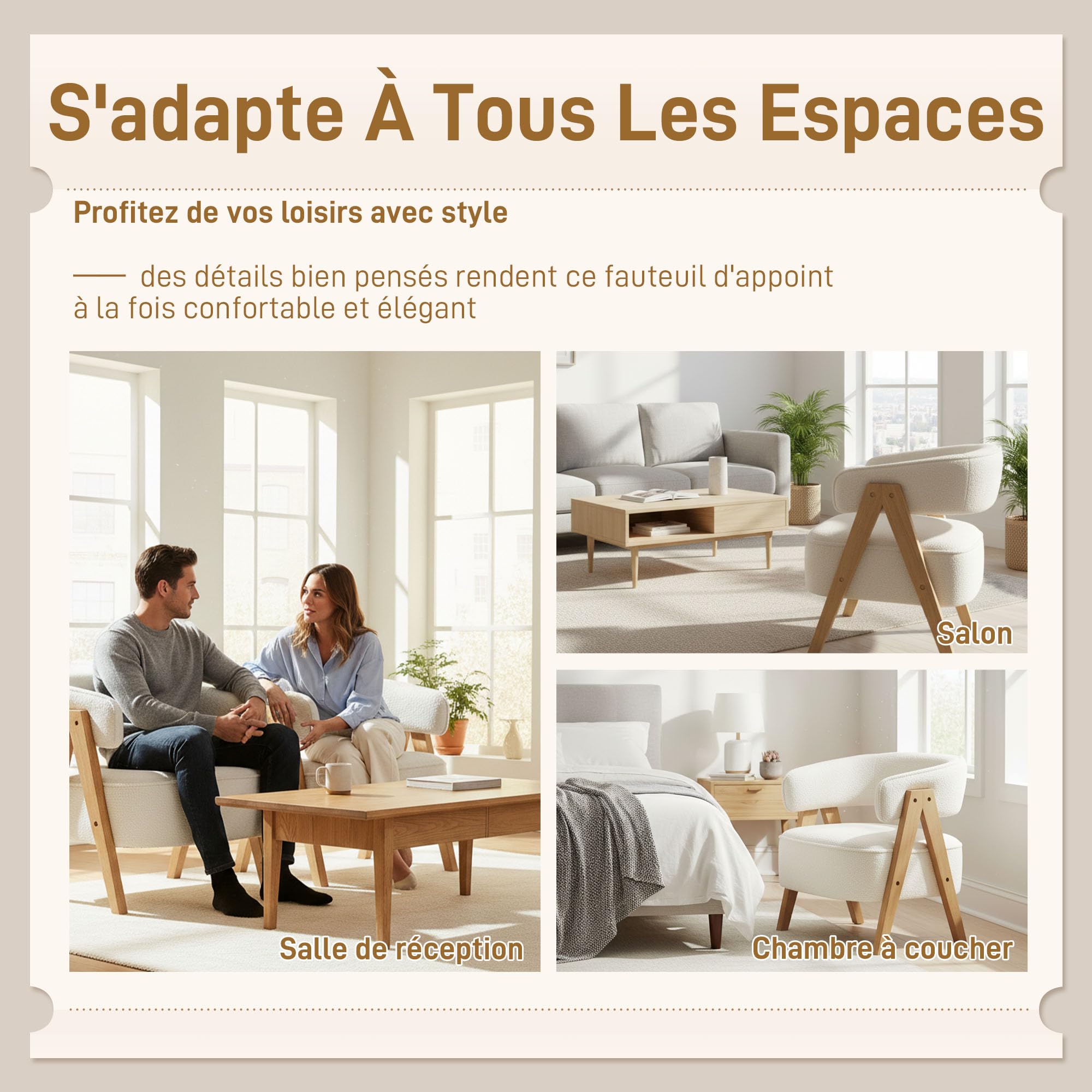 HOMCOM Fauteuil de Salon Rembourré en Tissu Bouclette Assise Large Blanc | Dossier Ergonomique, Accoudoirs, Pieds en Bois Massif et Structure en Acier, Fauteuil de Chambre, Salon, Bureau