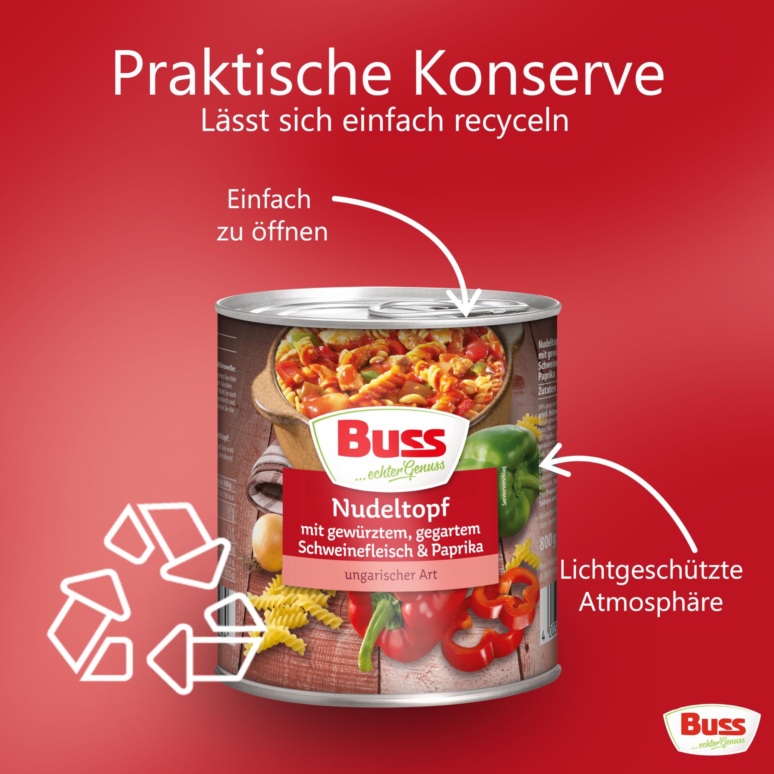 Buss Rustikale Gerichte - Nudeltopf nach ungarischer Art, 6 x 800g | Mit Paprika und Schweinefleisch - Lang haltbare Fertiggerichte zum schnellen Aufwärmen in Mikrowelle & Topf