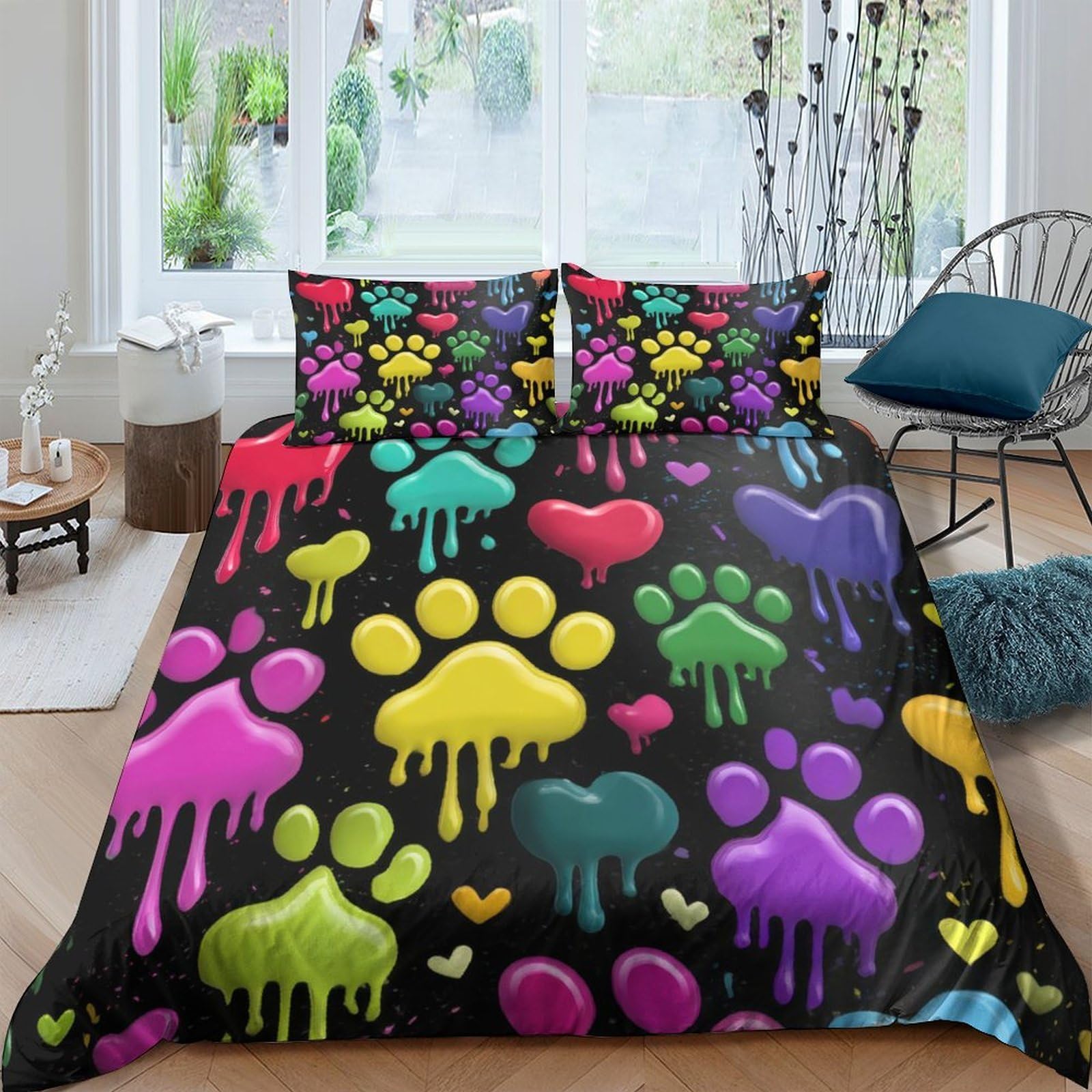 GPLZQXKJNH 3D Printed Colourful Paw Print Duvet Cover Microfiber Soft Breathable Heart Pattern Bedding Set with 2 Pillowcases for Bedroom Decor Single（135x200cm）