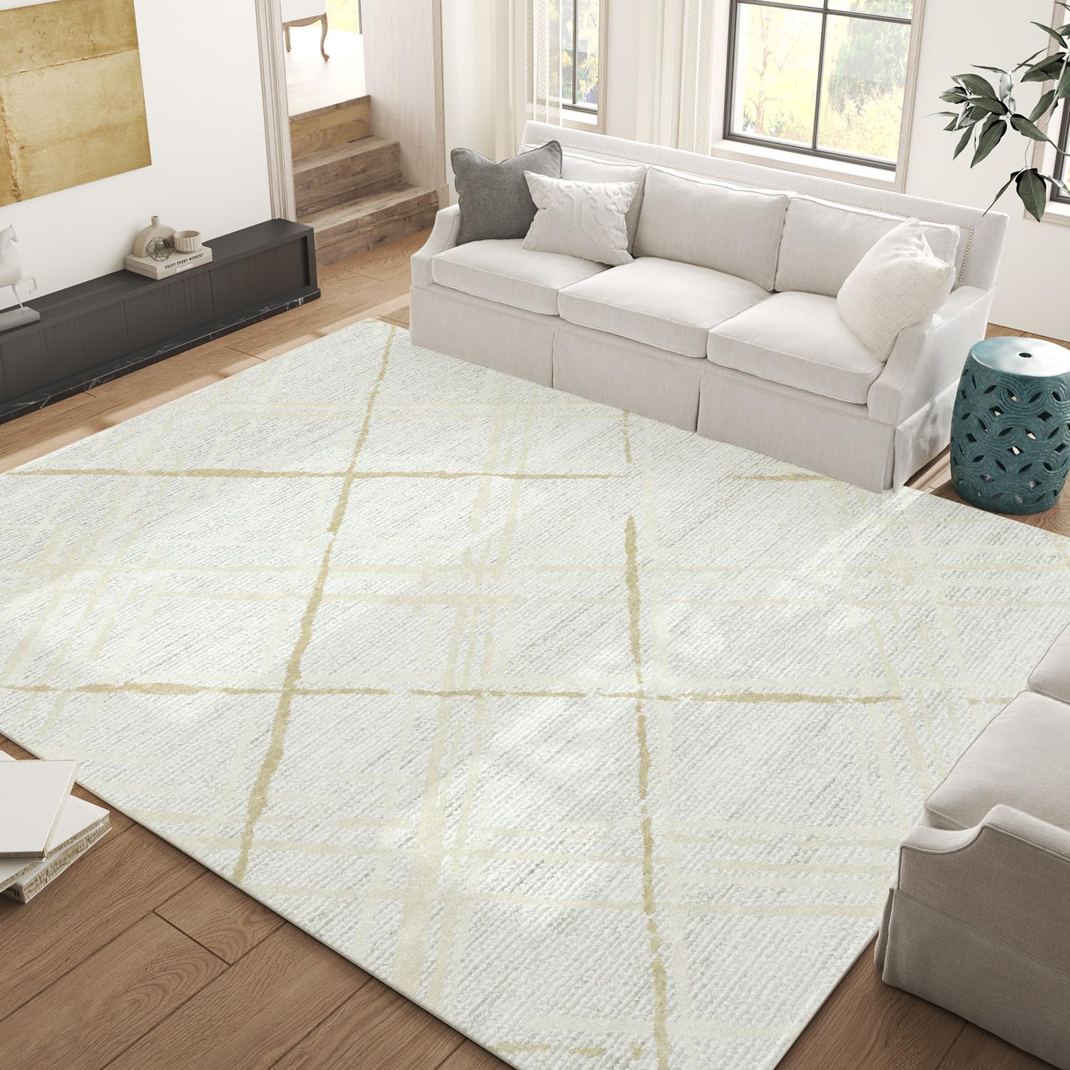 jinchan 8x10 Area Rug, Washable Abstract Geometric Grid Rug, Non-Slip Soft Accent Carpet for Living Room, Bedroom, Dining Room, Taupe Lines