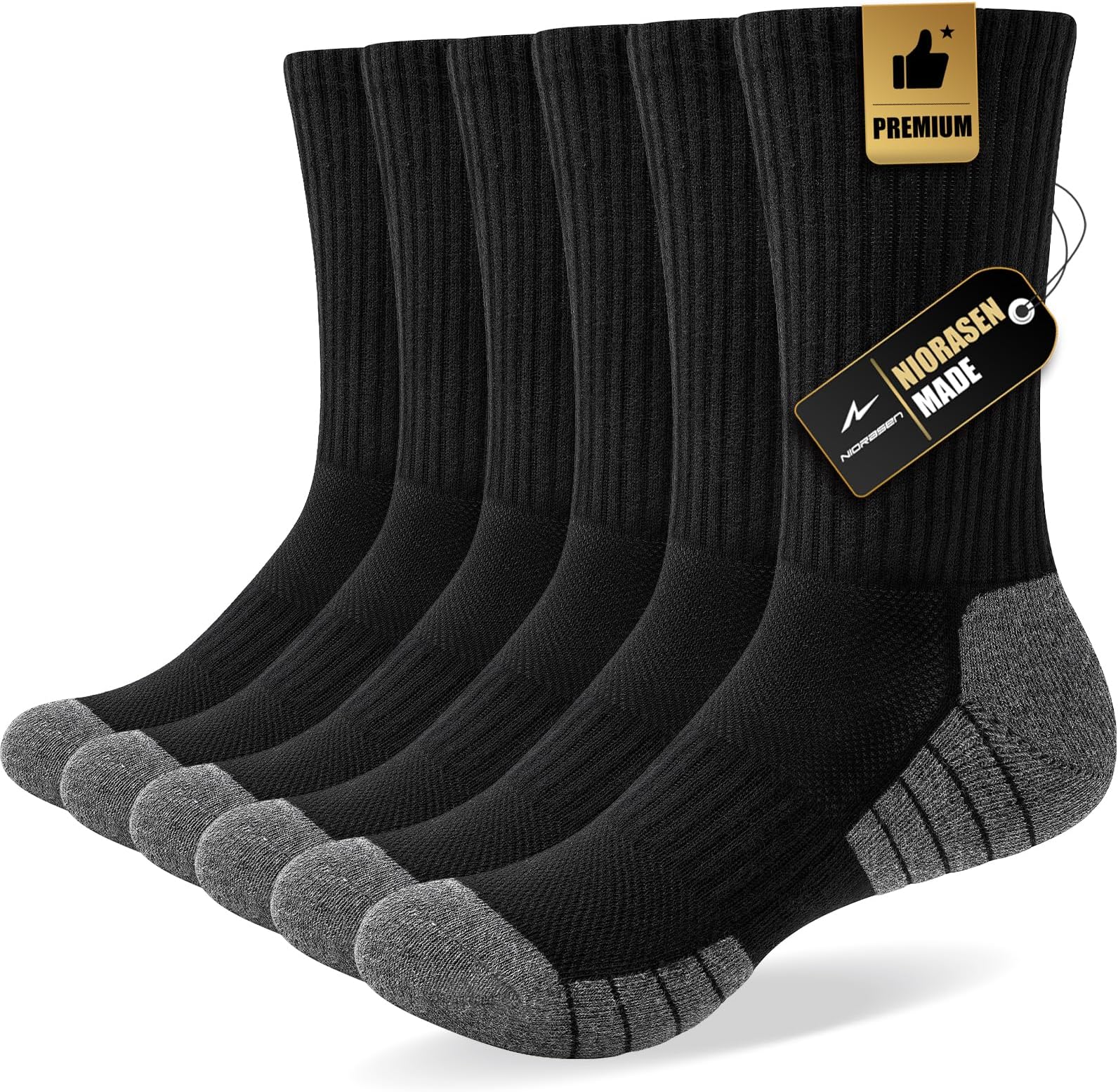 Niorasen Hiking Socks Men Women 43-46 39-42 35-38 47-50, 6 Pairs Winter Breathable Cotton Sports Socks Trekking Socks, Warm Padded High Performance Running Socks