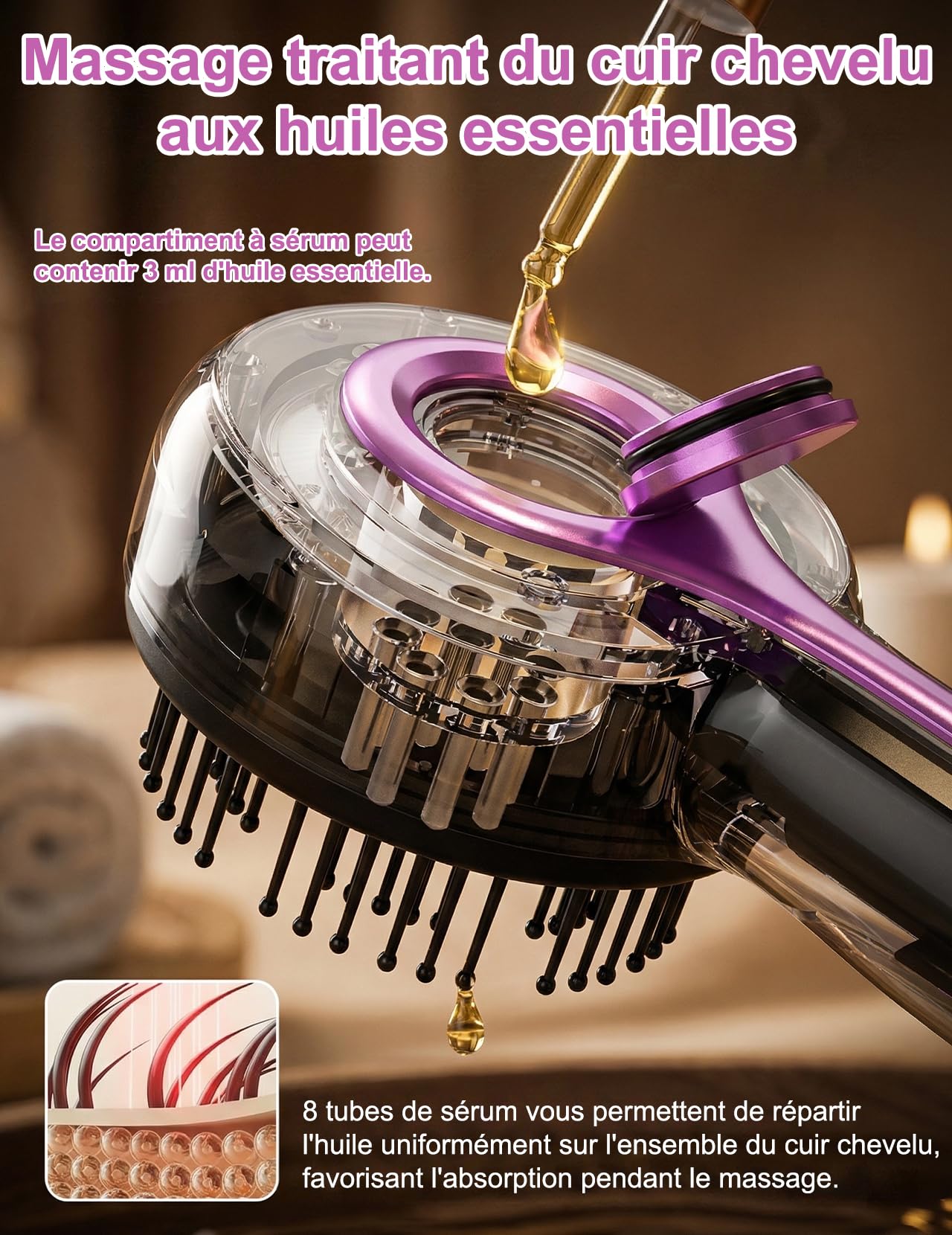 EMS Comb Brosse de massage électrique 2 en 1 pour cuir chevelu | 66 dents de massage, 8 dents de conduction d'huile, 1400 mAh, Portable, 3 niveaux de massage