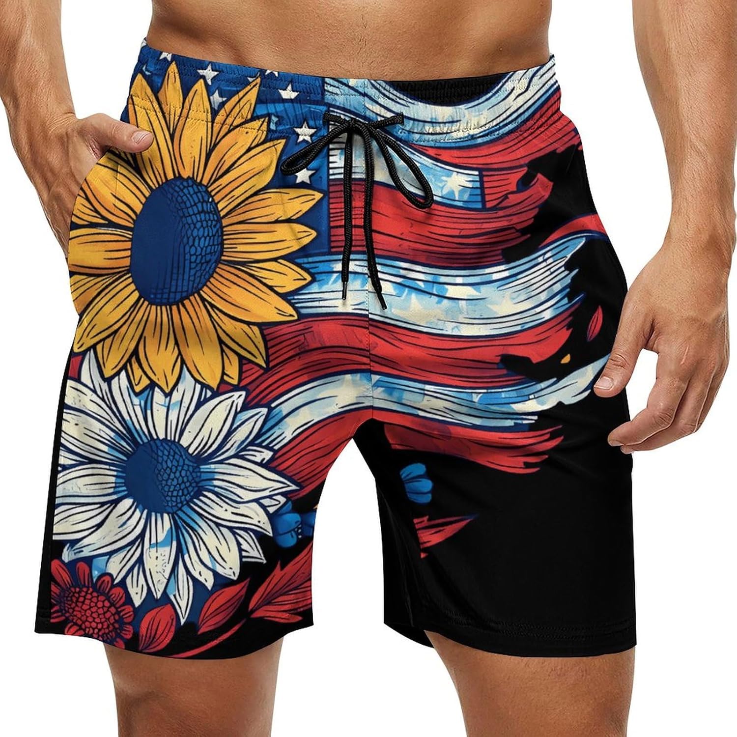Sunflower U.S. Flag Casual Men's Swim Trunks Novelty Summer Beach Shorts Swimwear with Pocket