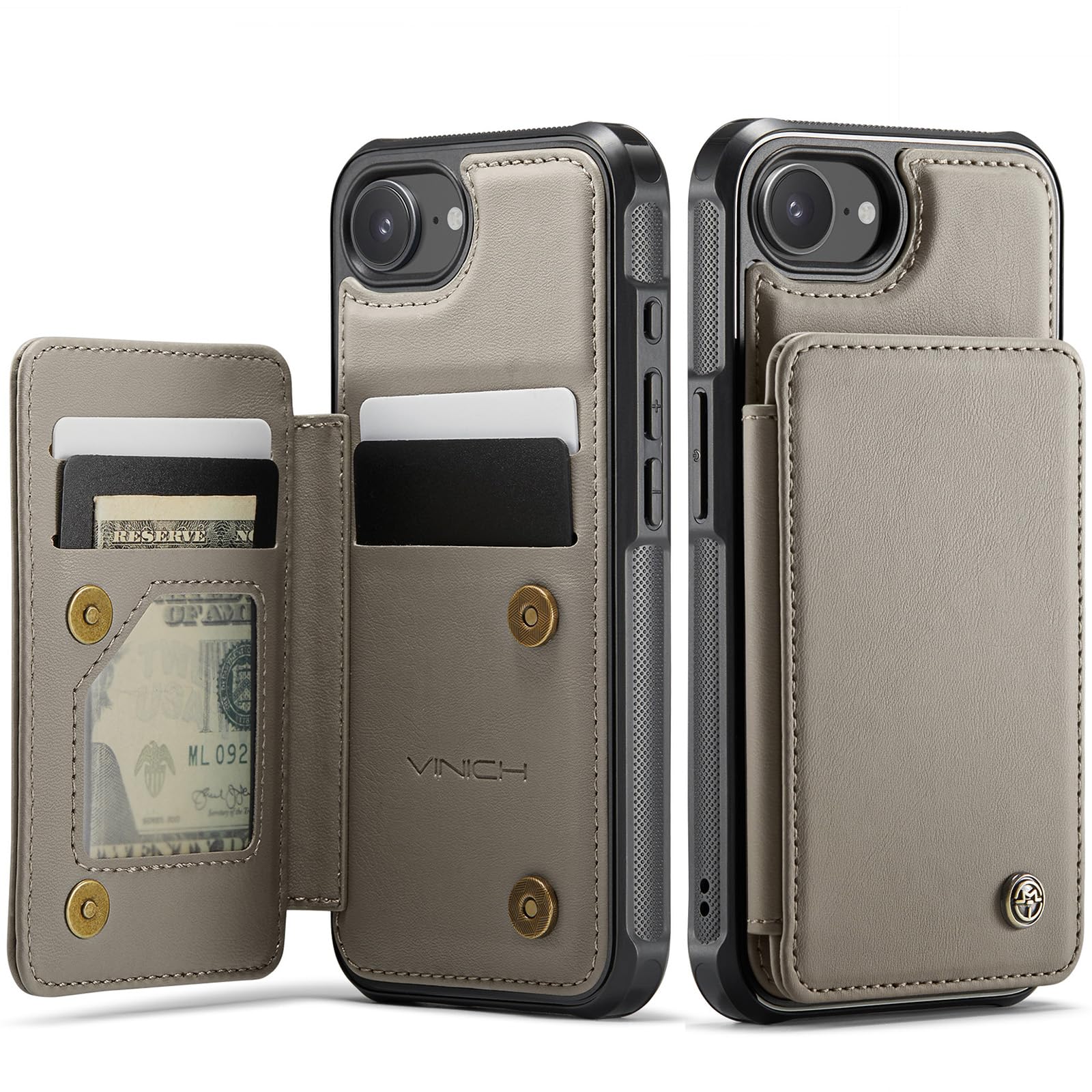 Vinich for iPhone 16e Wallet Case with Card Holder, RFID Blocking Credit Slots Kickstand Shockproof Phone Cover Fit for iPhone 16e 6.1" Gray