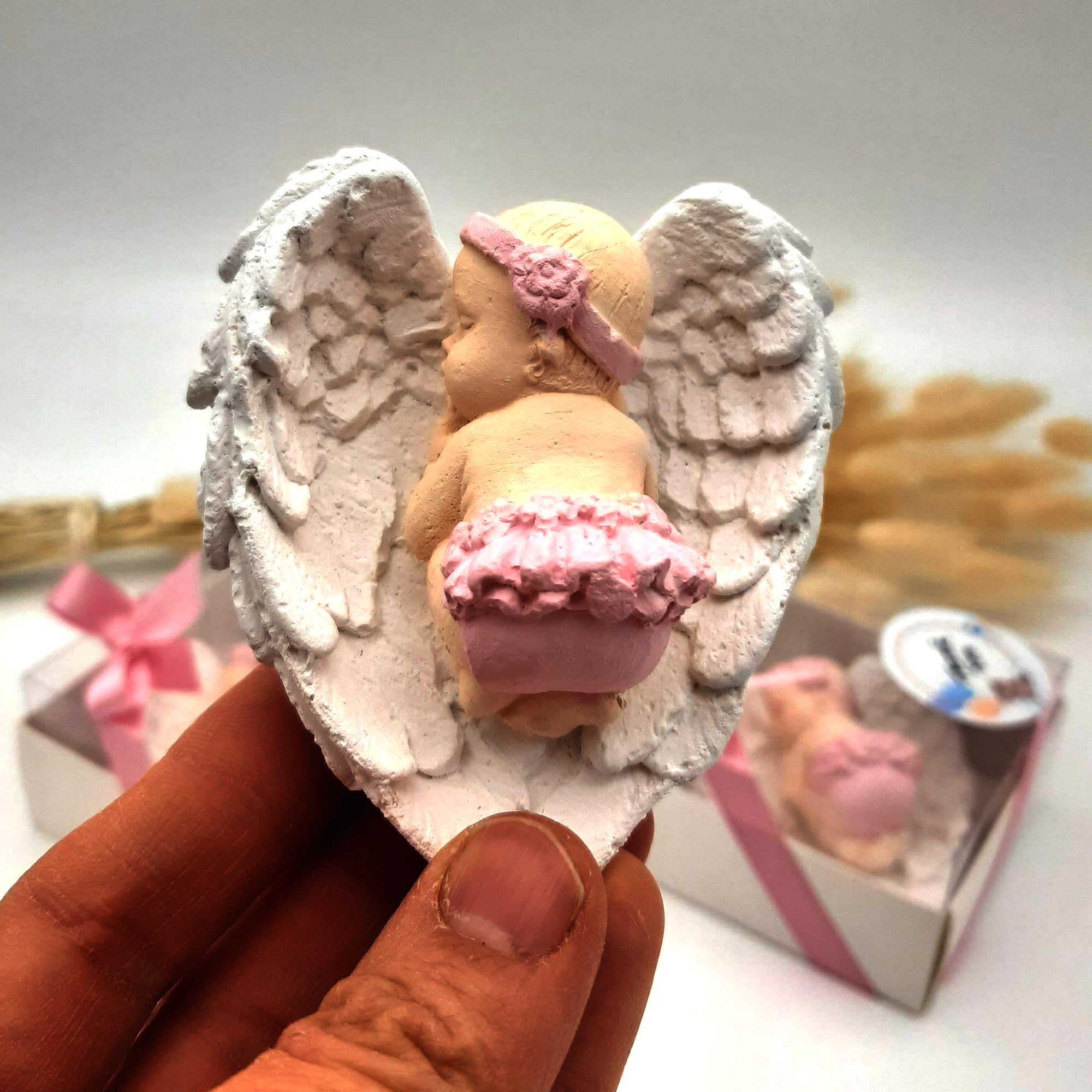 detalles bautizo para invitados, recuerdos bautizo 40 piezas niña niño bebe de piedra imanes detalles comunion para invitados, regalos originales bautizos para recien nacido (Bebé rosa ala blanca)