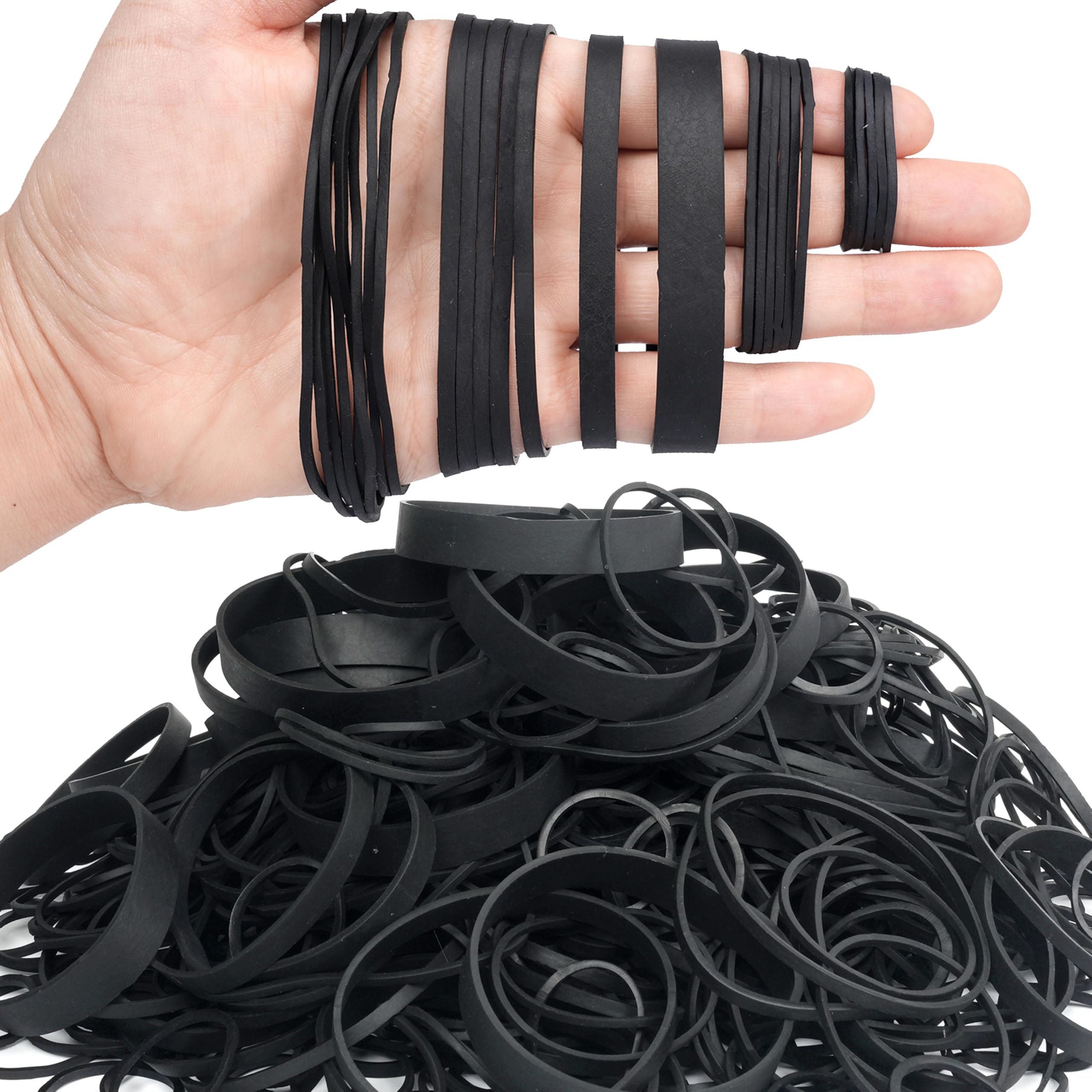 Rubber Band Assorted Sizes 190g Black 6 sizes approximately 390pcs Elastic Bands Tactical Rubber Bands for Office supplies 40mm,60mm,(80 x3mm),(90 x 6mm),(90 x12mm),(120 x1.5mm)