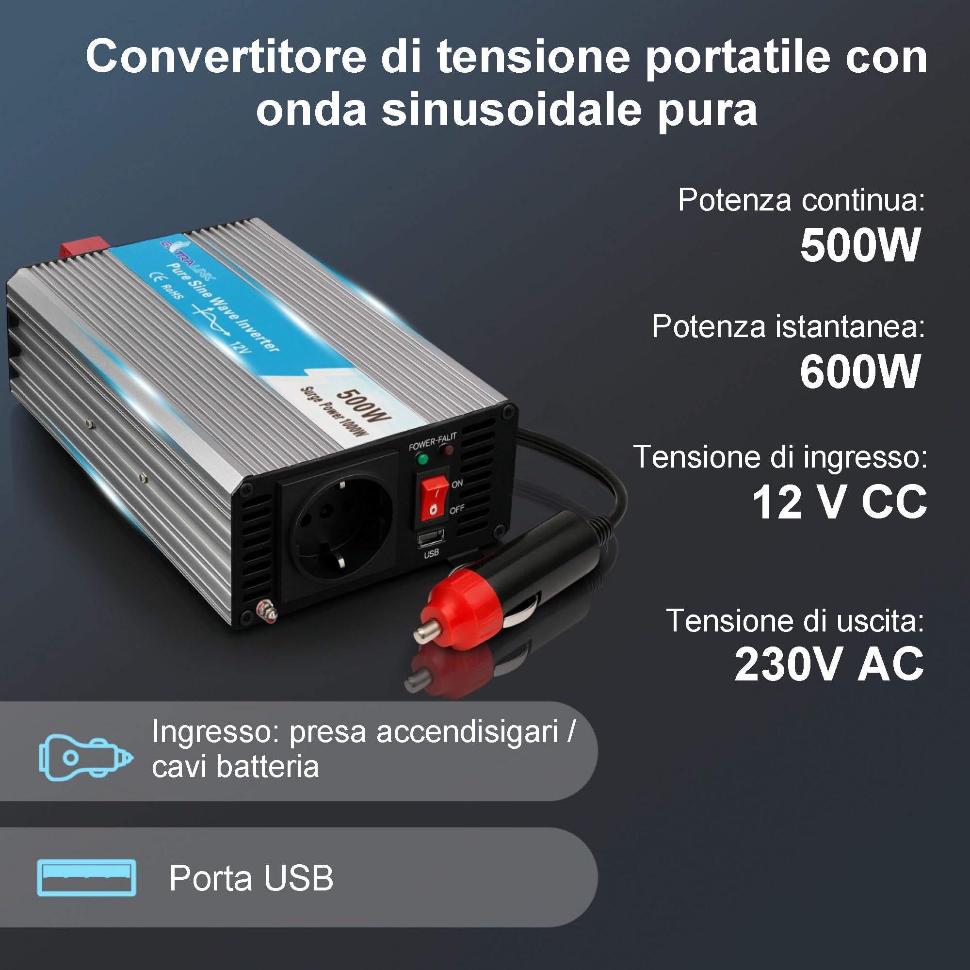EXTRALINK Inverter 12V 220V onda pura 500W, trasformatore 220v 12v, protezione 4 livelli, ventola silenziosa, porta USB, presa accendisigari – per auto, camper, dispositivi sensibili, solar