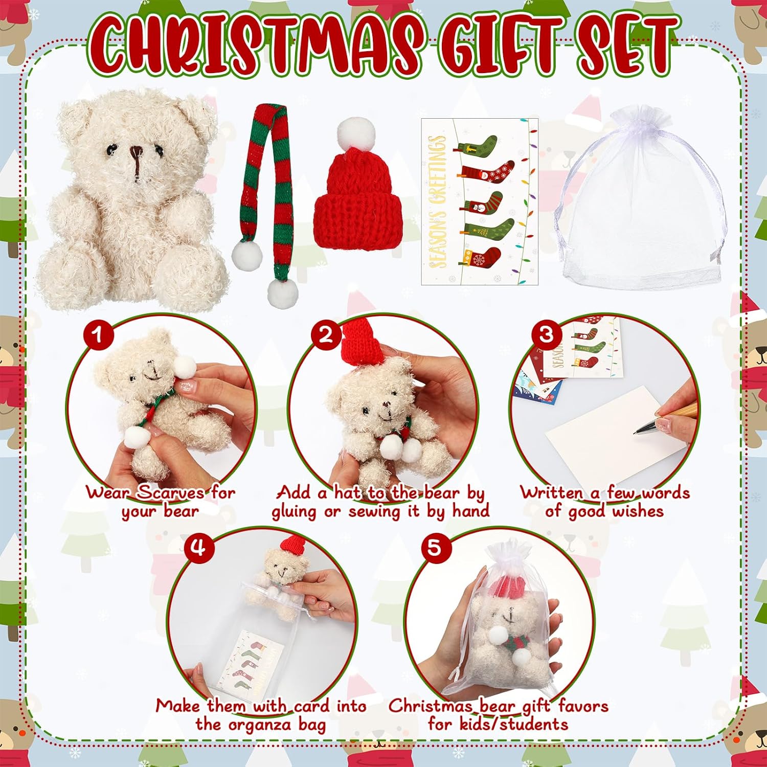 Poen 24 Set Christmas Gift 4 Inch Mini Christmas Stuffed Plush Bear with Santa Hat Scarf Cards Organza Bags Xmas Small Bear Toy Set for Holiday Party Favor(Cute Style)