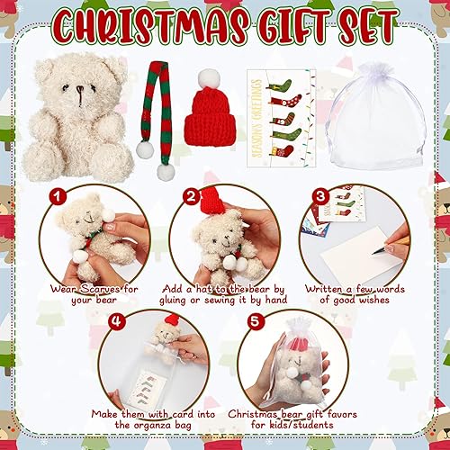 Miniatura 5 de Poen Juego de 24 piezas de regalo de Navidad de 4 pulgadas, mini oso de peluche de Navidad con sombrero de Papá Noel, bufanda, tarjetas de Navidad,