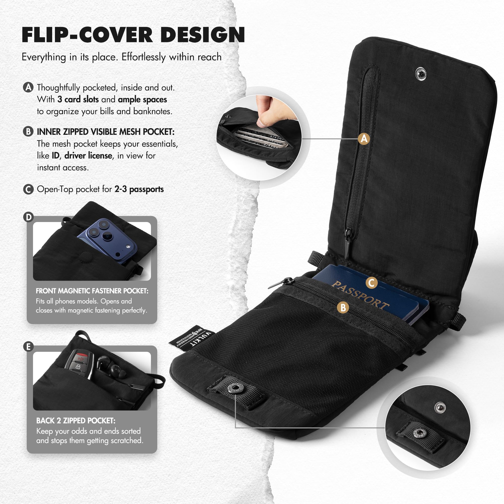 VULKIT Bolso bandolera multifuncional Ligero bolso para móvil en nylon Portapasaporte anti-RFID para hombres mujeres adolescentes Outdoor Viaje Casual Diario