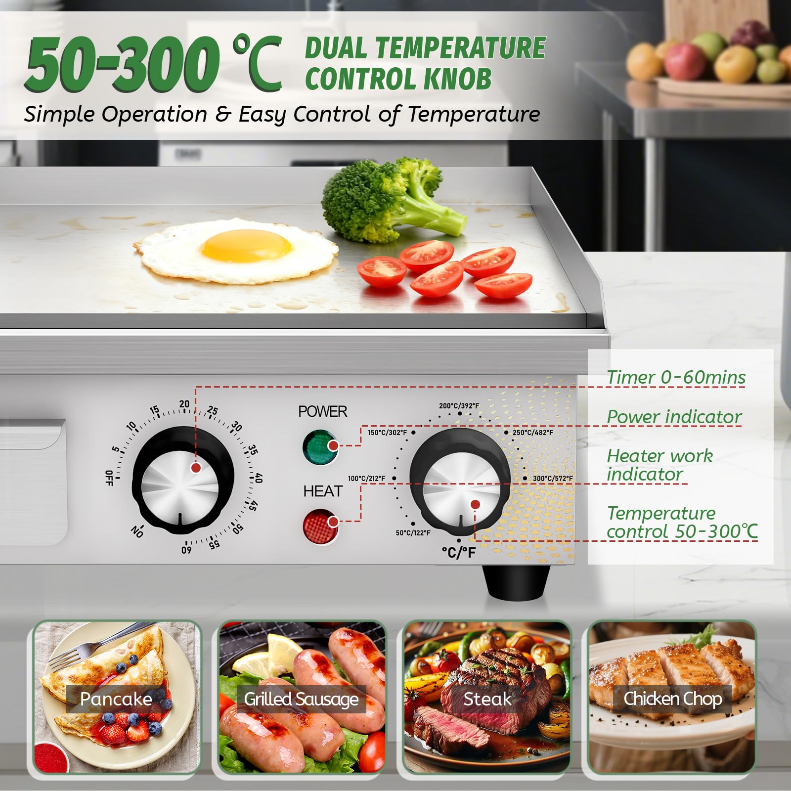 Plancha électrique commerciale en acier inoxydable, 36cm, avec contrôle de température réglable,minuterie,barbecue