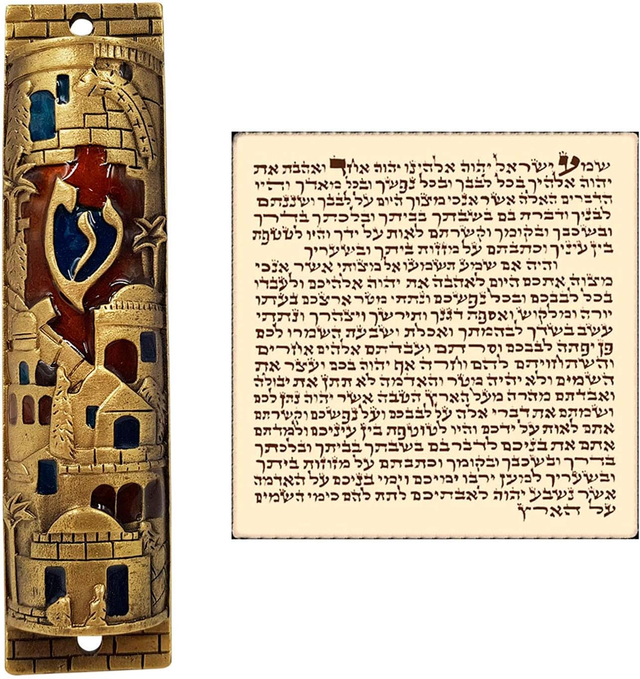 TALISMAN4U Gold Enamel Jewish MEZUZAH CASE with Scroll Jerusalem Israel Judaica Door Mezuza 4"