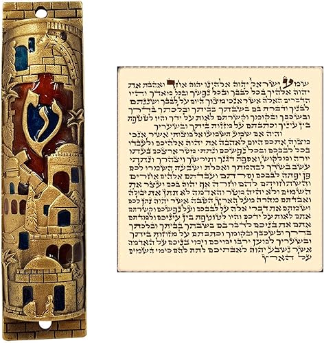 TALISMAN4U Funda judía MEZUZAH esmaltada dorada con pergamino Jerusalén Israel Judaica puerta Mezuza 4"