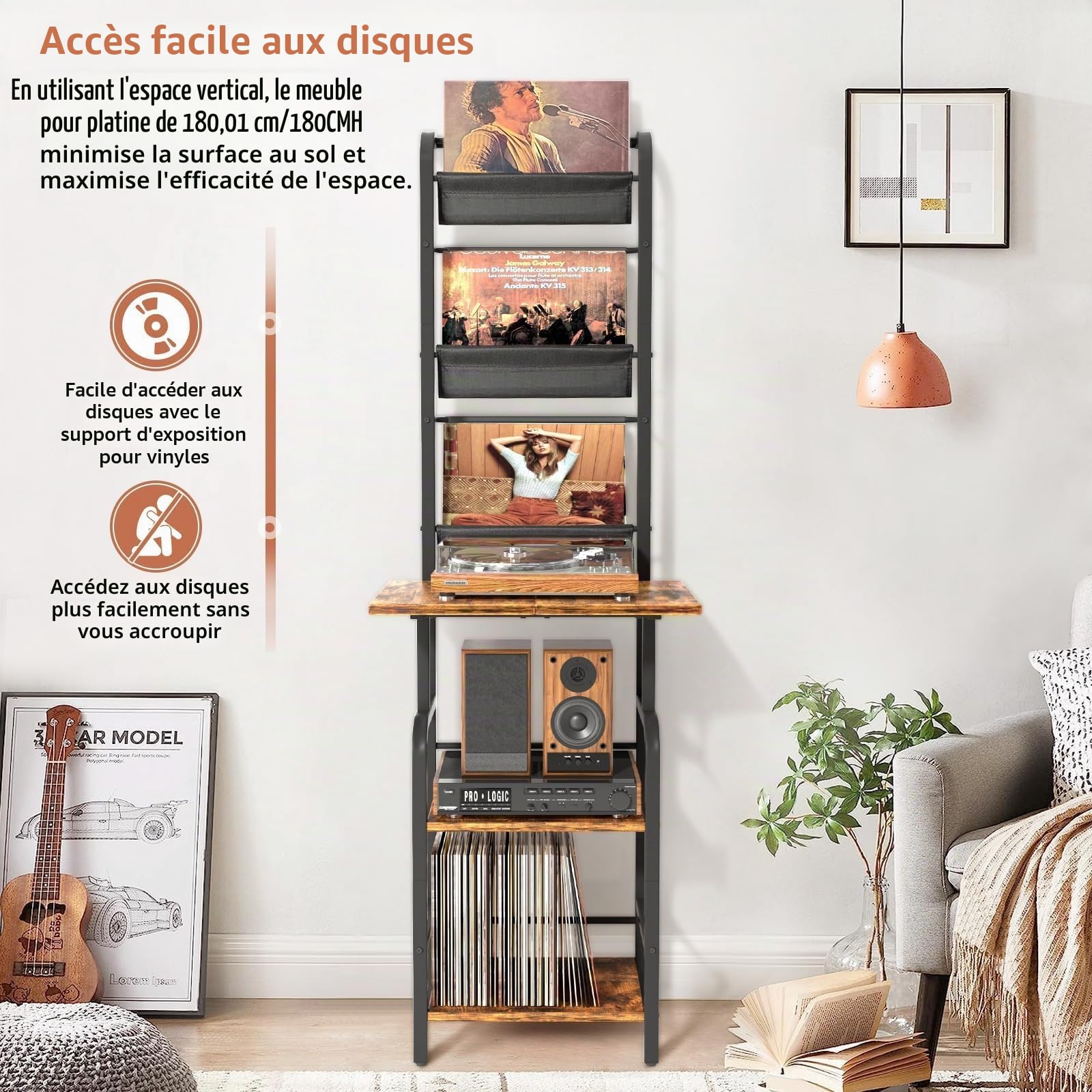 Bikoney Meuble Tourne-disque Haut avec Rangement Vinyle – Table Tourne-disque avec Étagère Murale, Support à Vinyles pour Jusqu’à 200 Albums, Meuble de Rangement pour Salon ou Chambre