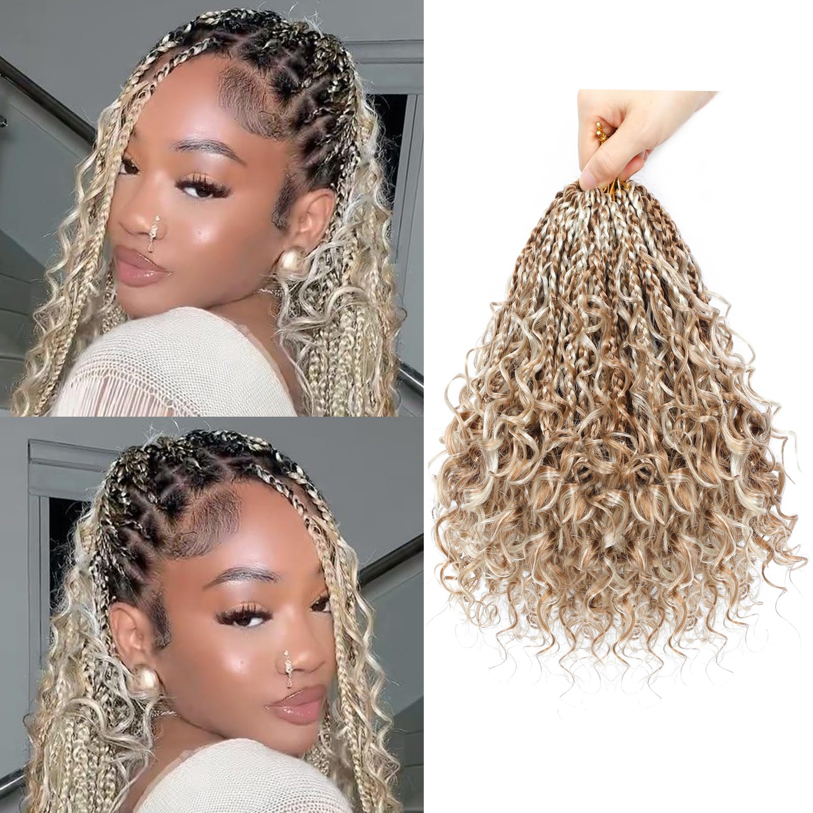 9 Packs Boho Box Braids Crochet Hair 10 Inch Pre Looped Boho Crochet Braids With Curly Ends Synthetic Goddess Box Braids Crochet Hair For Women (10
