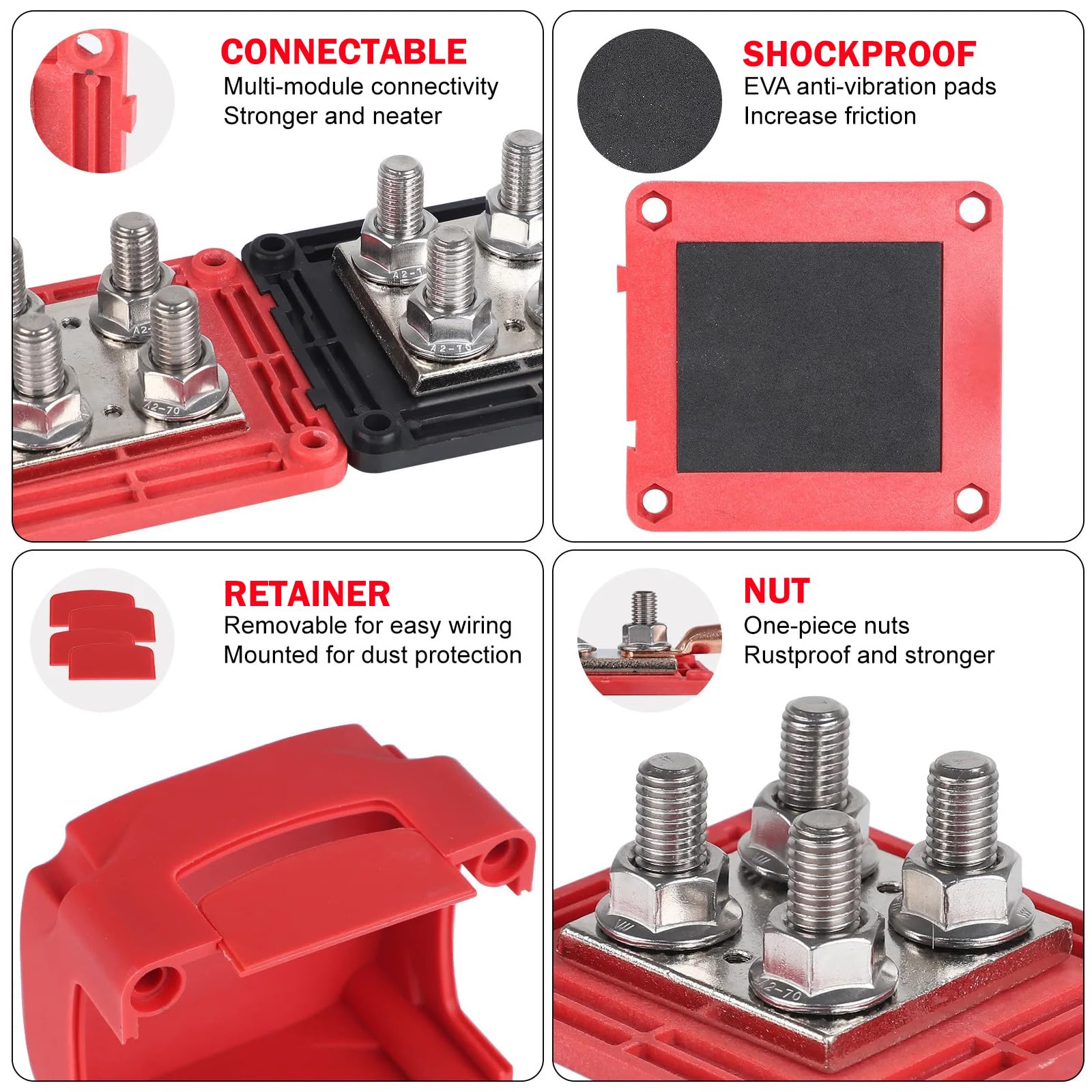400A Blocco di Distribuzione Dell'alimentazione 12V-48V, 4xM8 (5/16'') Busbar Distribution Block, Morsettiera di Alimentazione per Camper Auto Camion Barca Rosso e Nero 2 pezzi