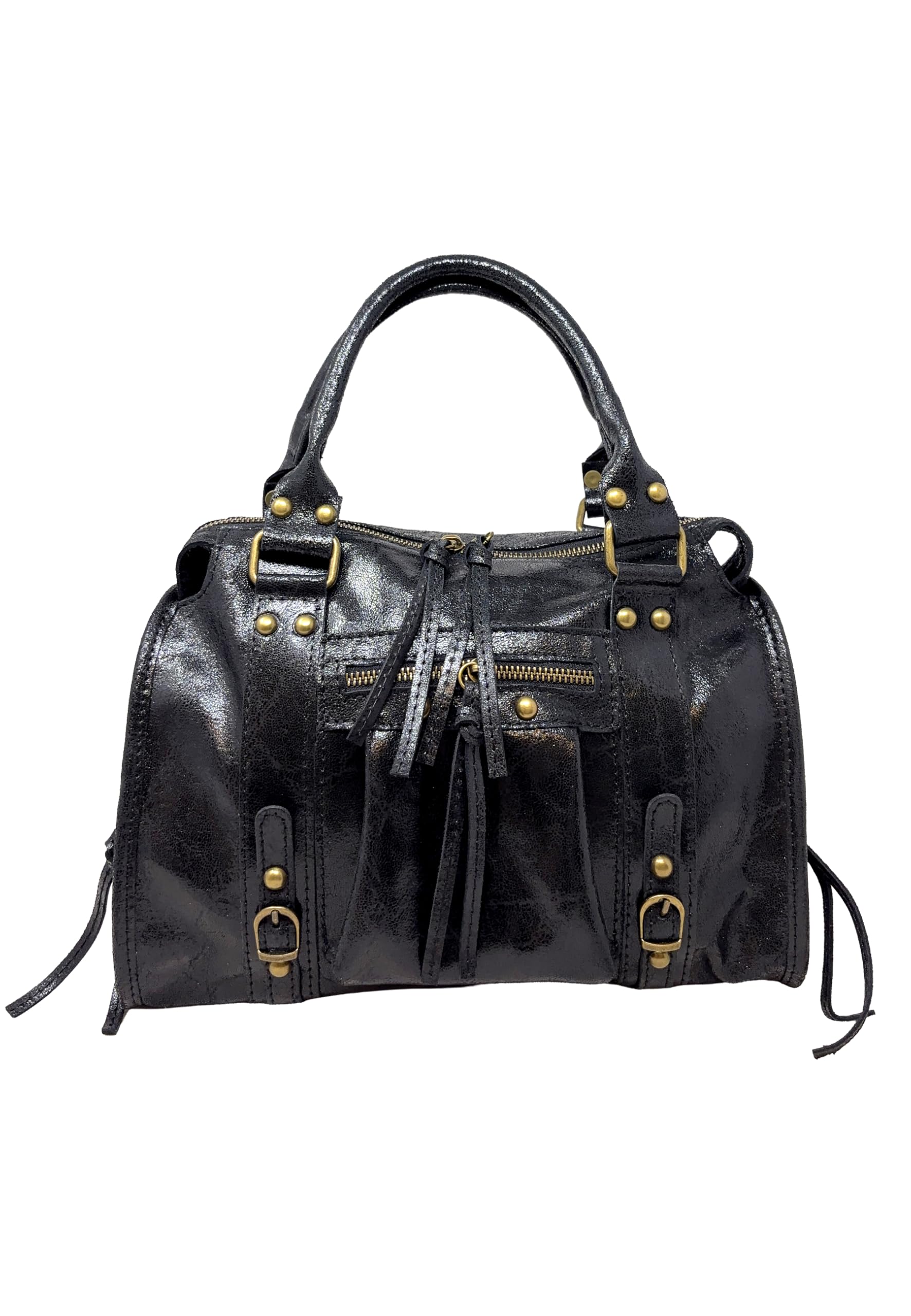 Chicca Borse Borsa a Mano con Tracolla Media da Donna in Pelle Lucida con Borchie