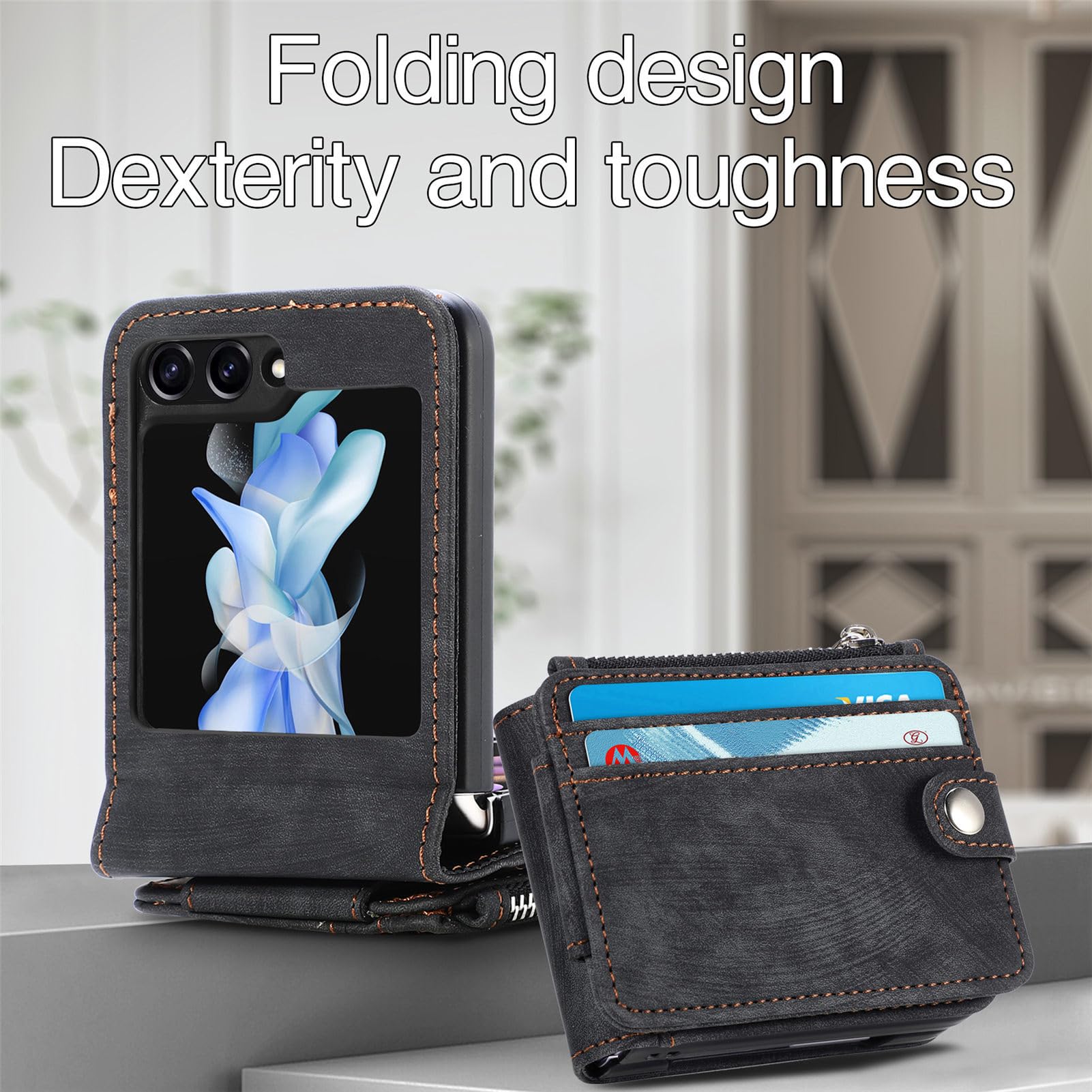 Custodia per Samsung Galaxy Z Flip 5 con Porta Carte di Credito Staccabile, Custodia a Portafoglio con Cerniera in Pelle PU Antiurto Protezione Durevole Cover per Samsung Galaxy Z Flip 5 5G 2023