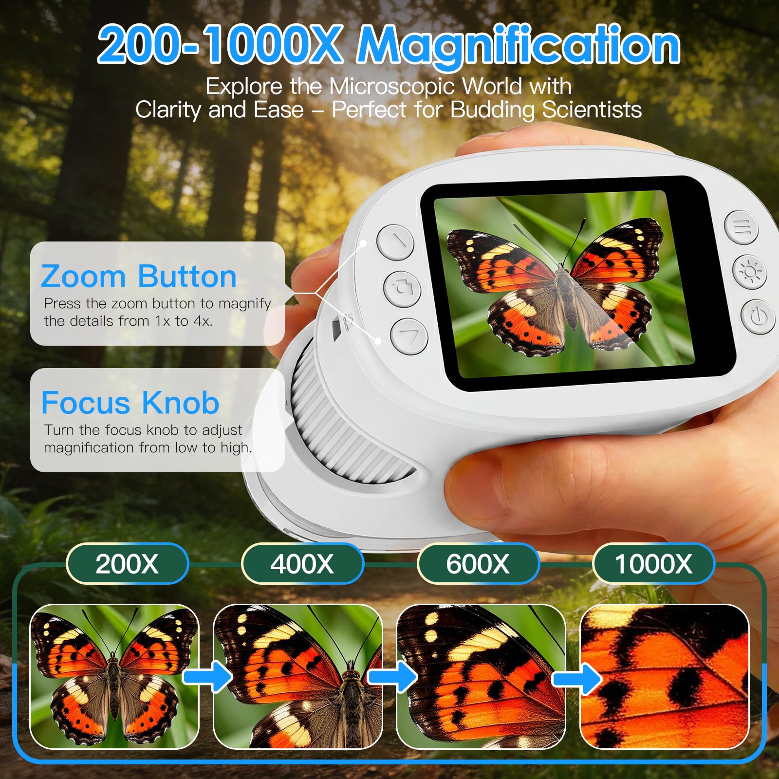 Microscope Enfant Portable 1000X – Microscope Numérique avec Écran IPS 2 Pouces et 8 LED, Fonction Photo & Vidéo, Jouet Scientifique Cadeau pour Garçons et Filles (Blanc)