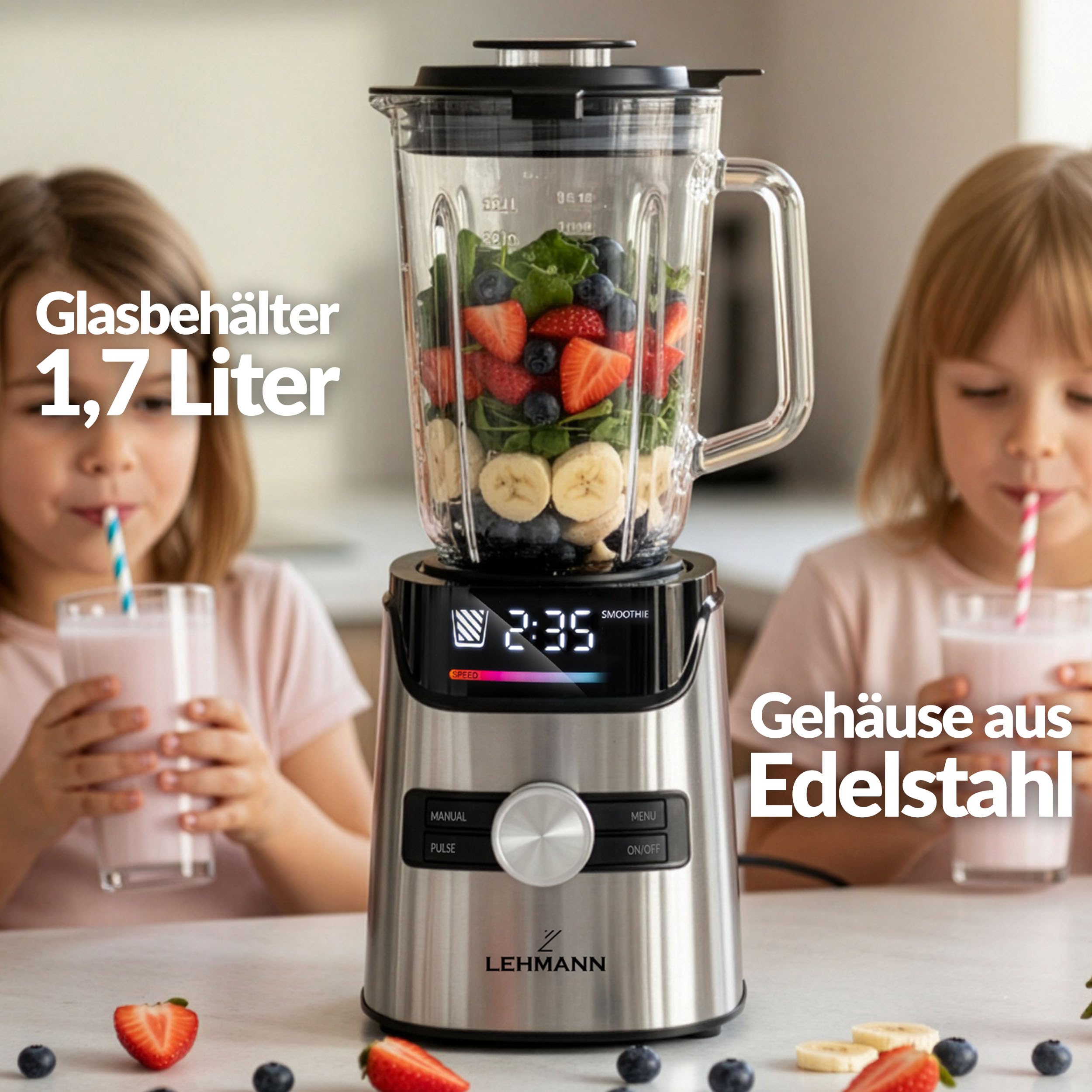 LEHMANN Standmixer 3-in-1 mit Glasbehälter 1,7 L, To-Go-Trinkflasche & Mahlwerk, 10 Geschwindigkeiten, Puls, 3 Programme für Smoothie, Milkshake, Eis-Crush, Spülmaschinengeeignete Teile, 1400 W