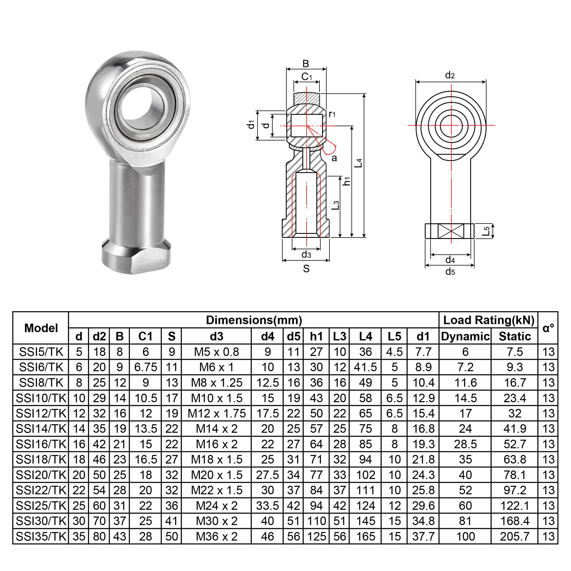 sourcing map SSI14T/K Varilla Extremo Rodamiento 14mm Calibre Inoxidable Acero M14x2 Hembra Rosca Derecha Mano